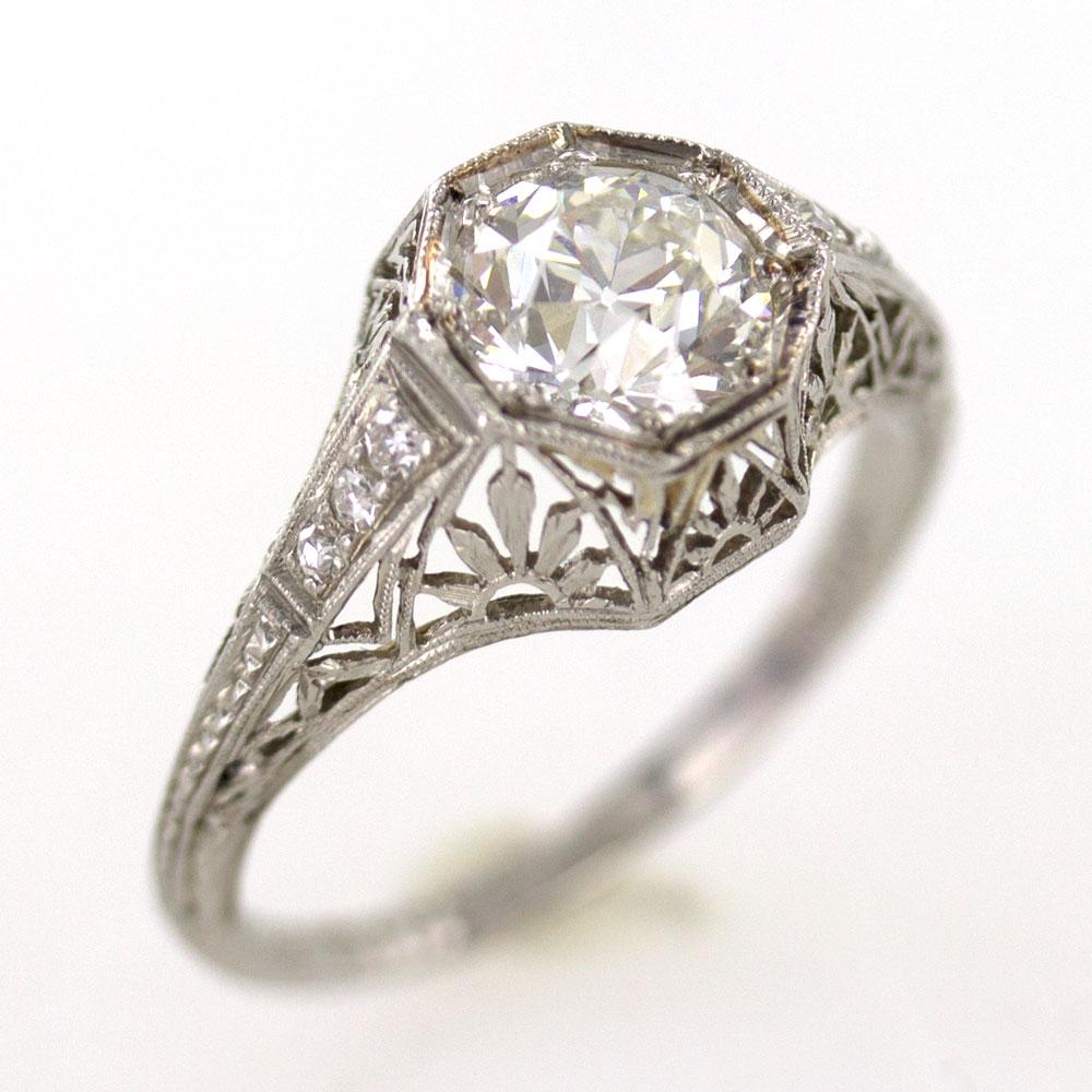 Women's Art Deco Diamond Platinum Ring 1.53 Old European Cut Diamond GIA Certified