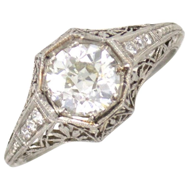 Art Deco Diamond Platinum Ring 1.53 Old European Cut Diamond GIA Certified