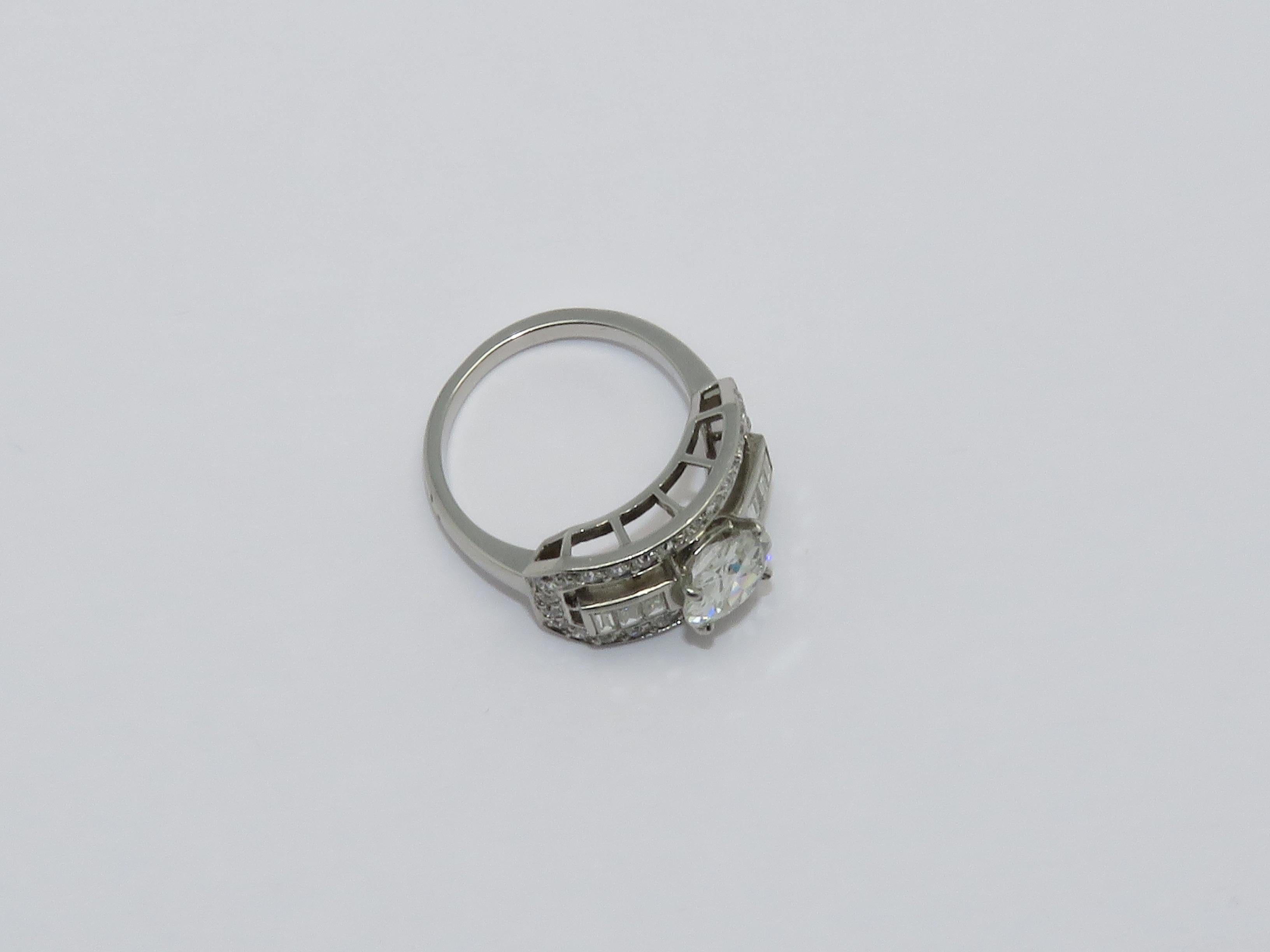 Baguette Cut Art Deco Diamond Platinum Ring For Sale