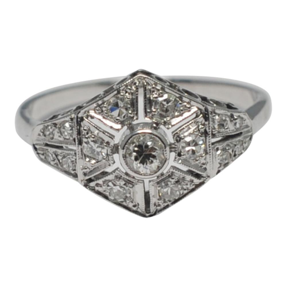 Round Cut Art Deco Diamond Platinum Ring For Sale