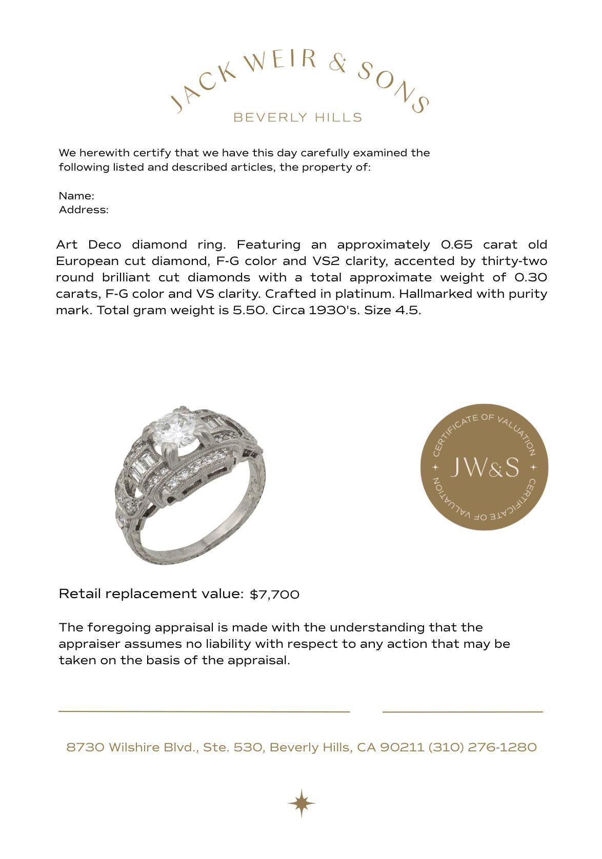 De las mujeres Anillo Art Déco de diamantes y platino en venta