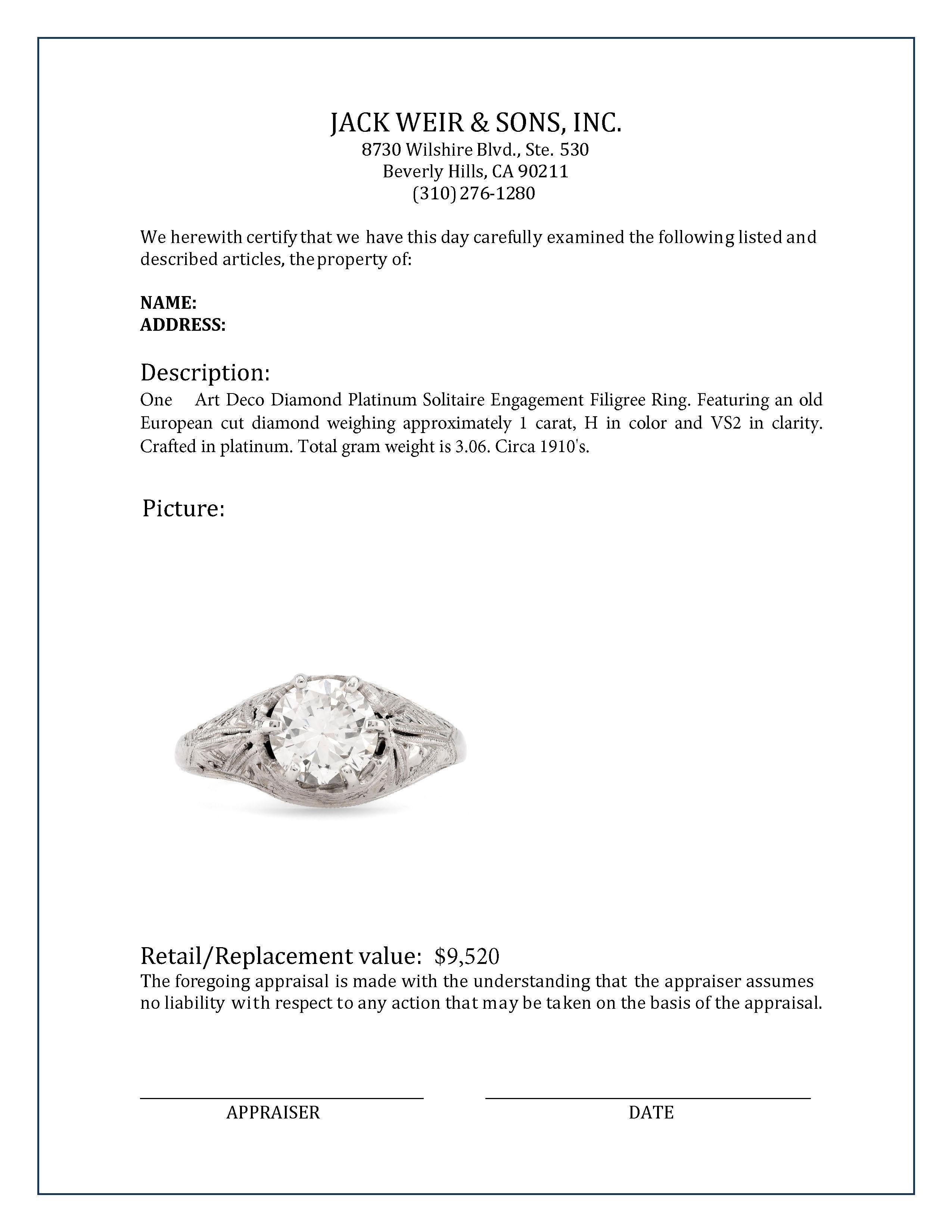Women's or Men's Art Deco Diamond Platinum Solitaire Engagement Filigree Ring