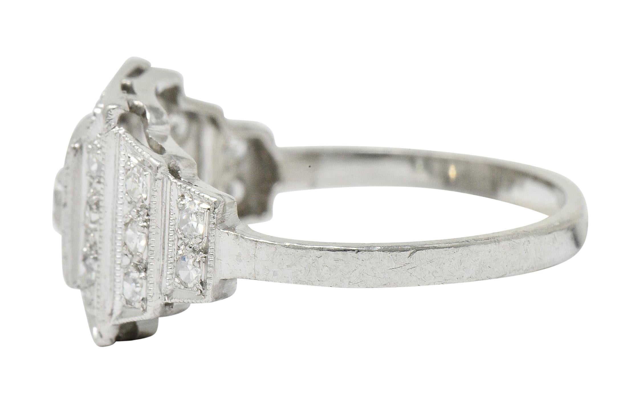 Art Deco Diamond Platinum Square Stepped Engagement Ring In Excellent Condition In Philadelphia, PA