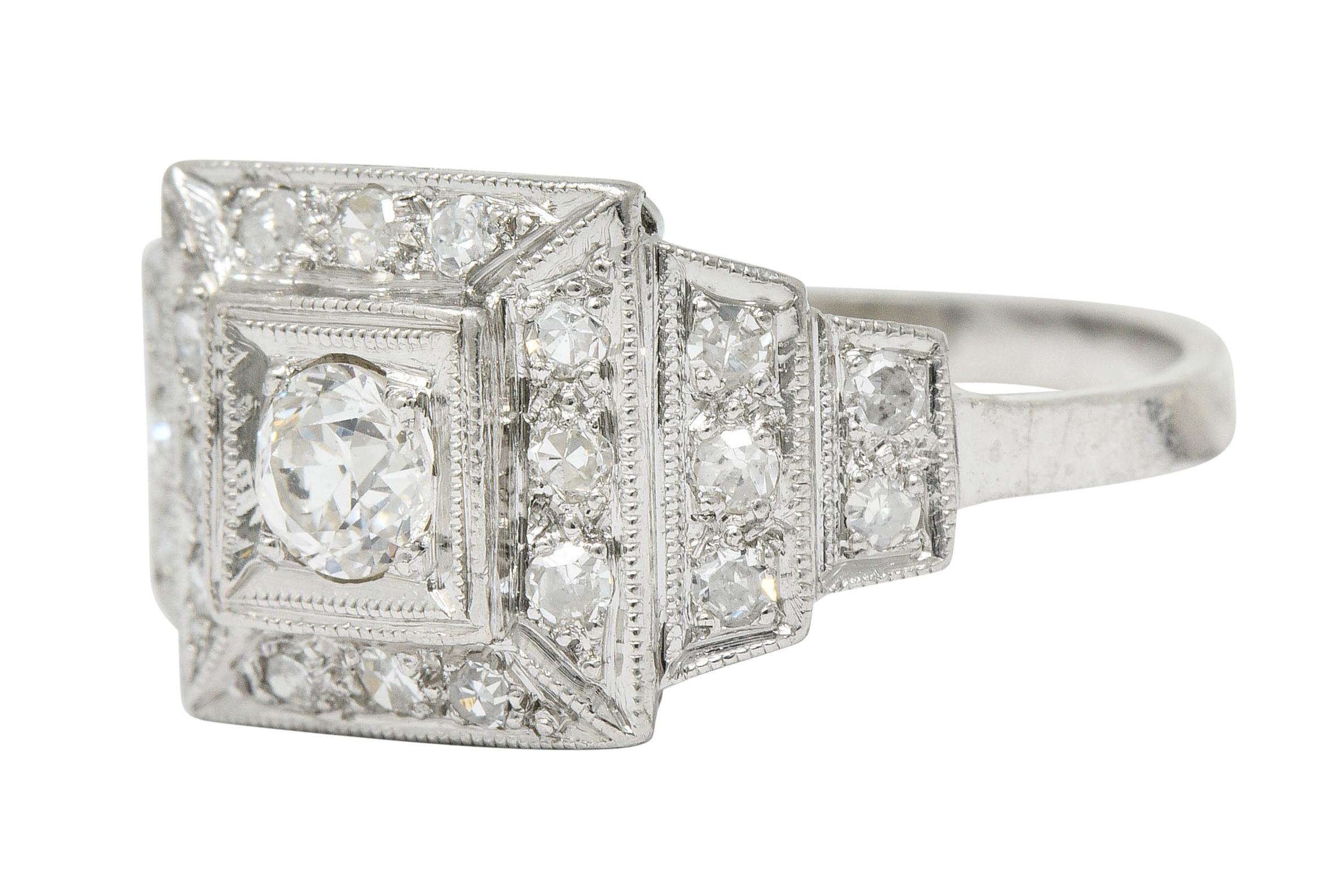 Women's or Men's Art Deco Diamond Platinum Square Stepped Engagement Ring