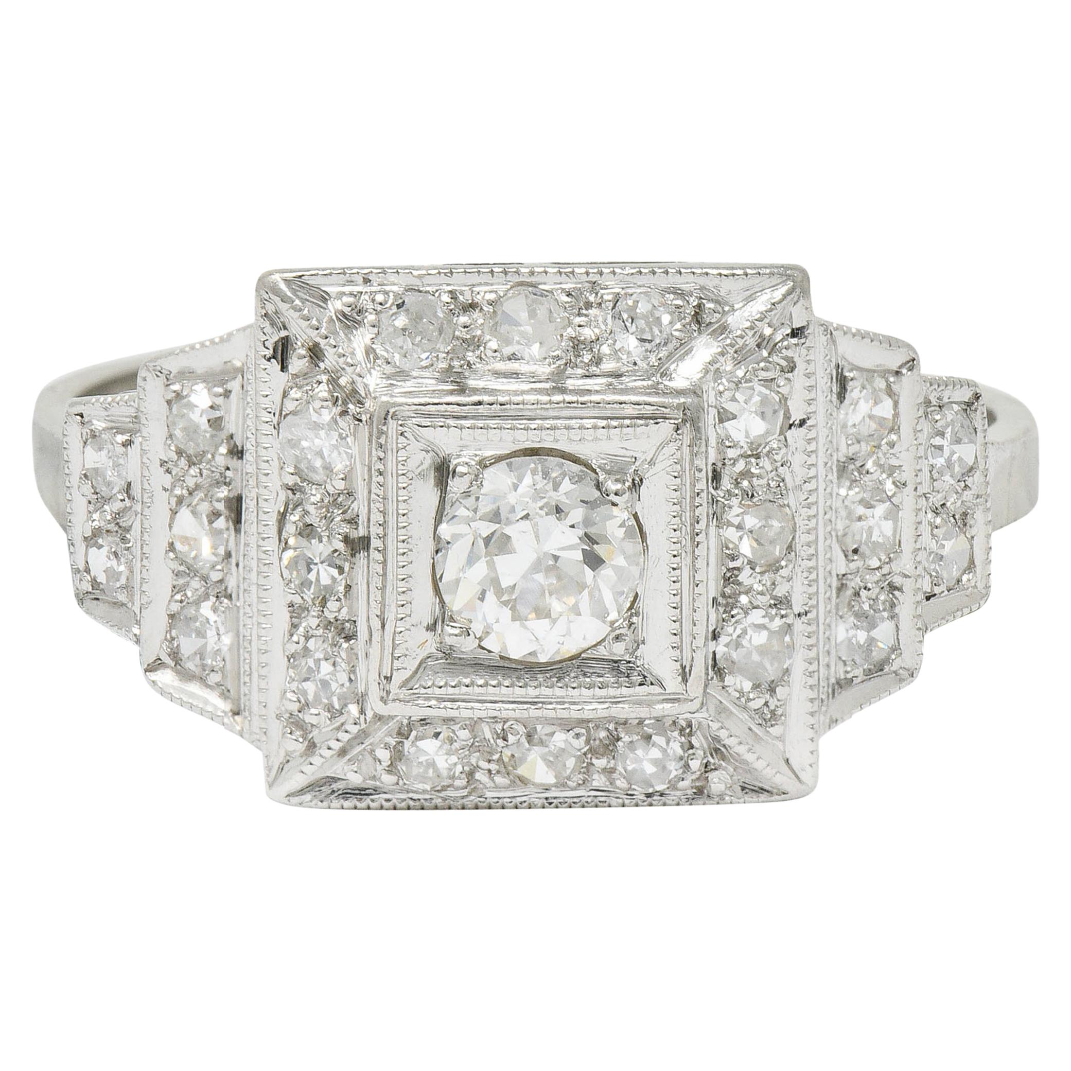 Art Deco Diamond Platinum Square Stepped Engagement Ring