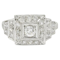 Art Deco Diamond Platinum Square Stepped Engagement Ring