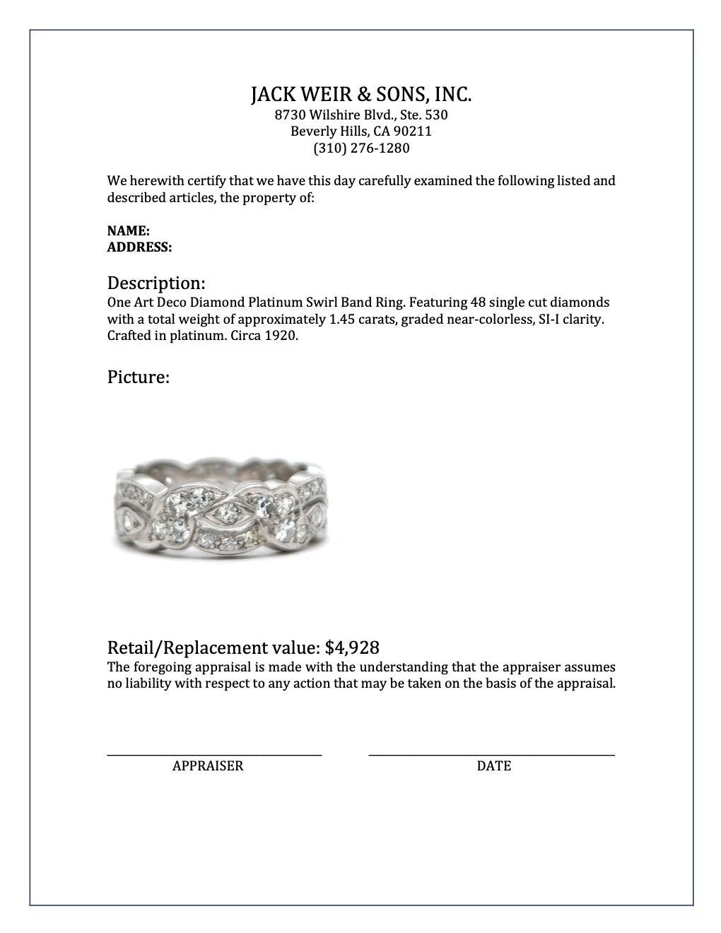 Women's or Men's Art Deco Diamond Platinum Swirl Band Ring