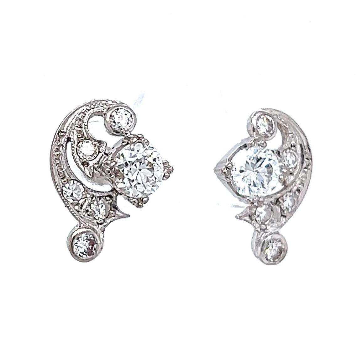 Round Cut Art Deco Diamond Platinum Swirl Stud Earrings