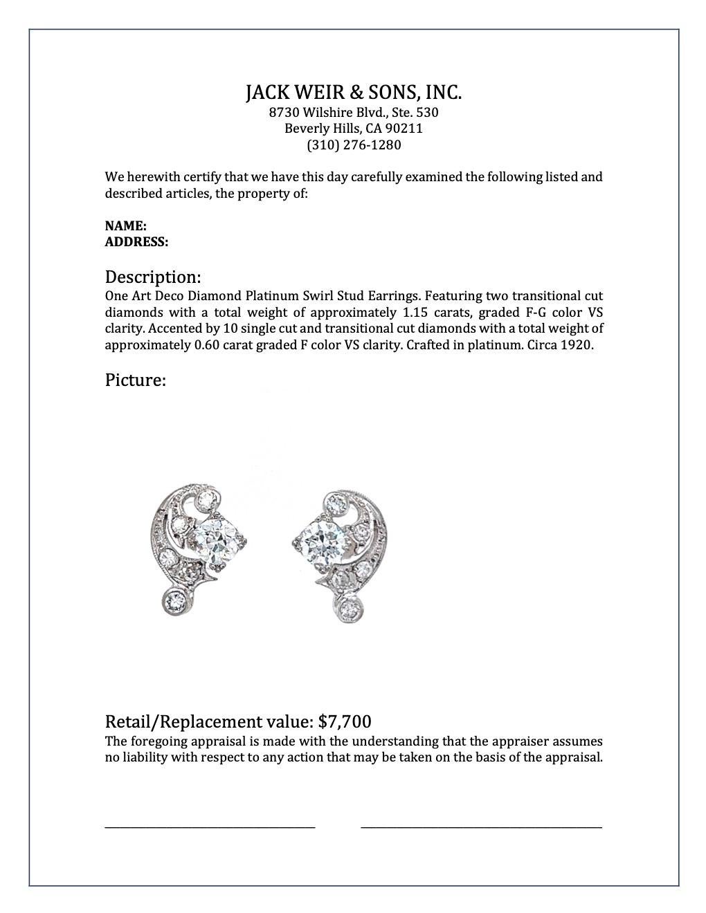 Art Deco Diamond Platinum Swirl Stud Earrings 1