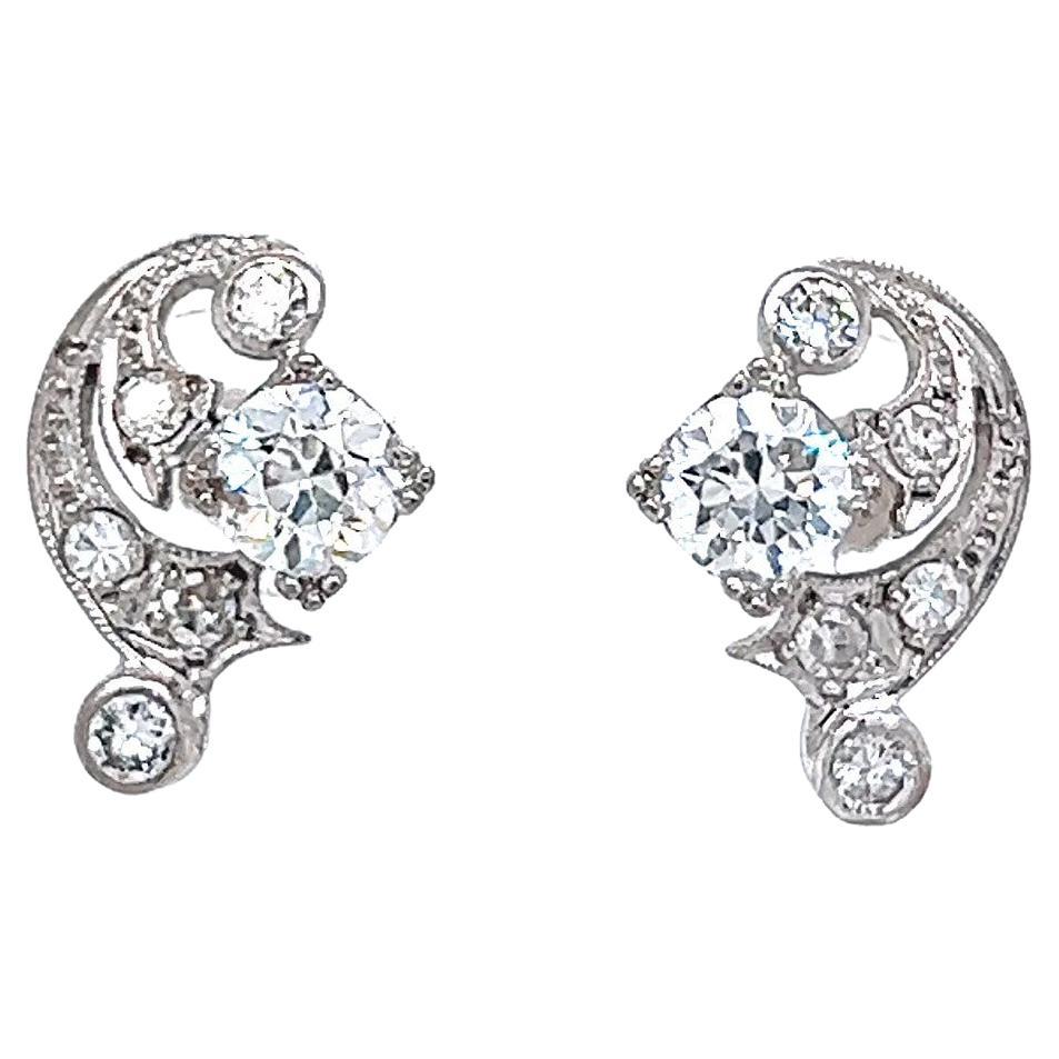 Art Deco Diamond Platinum Swirl Stud Earrings