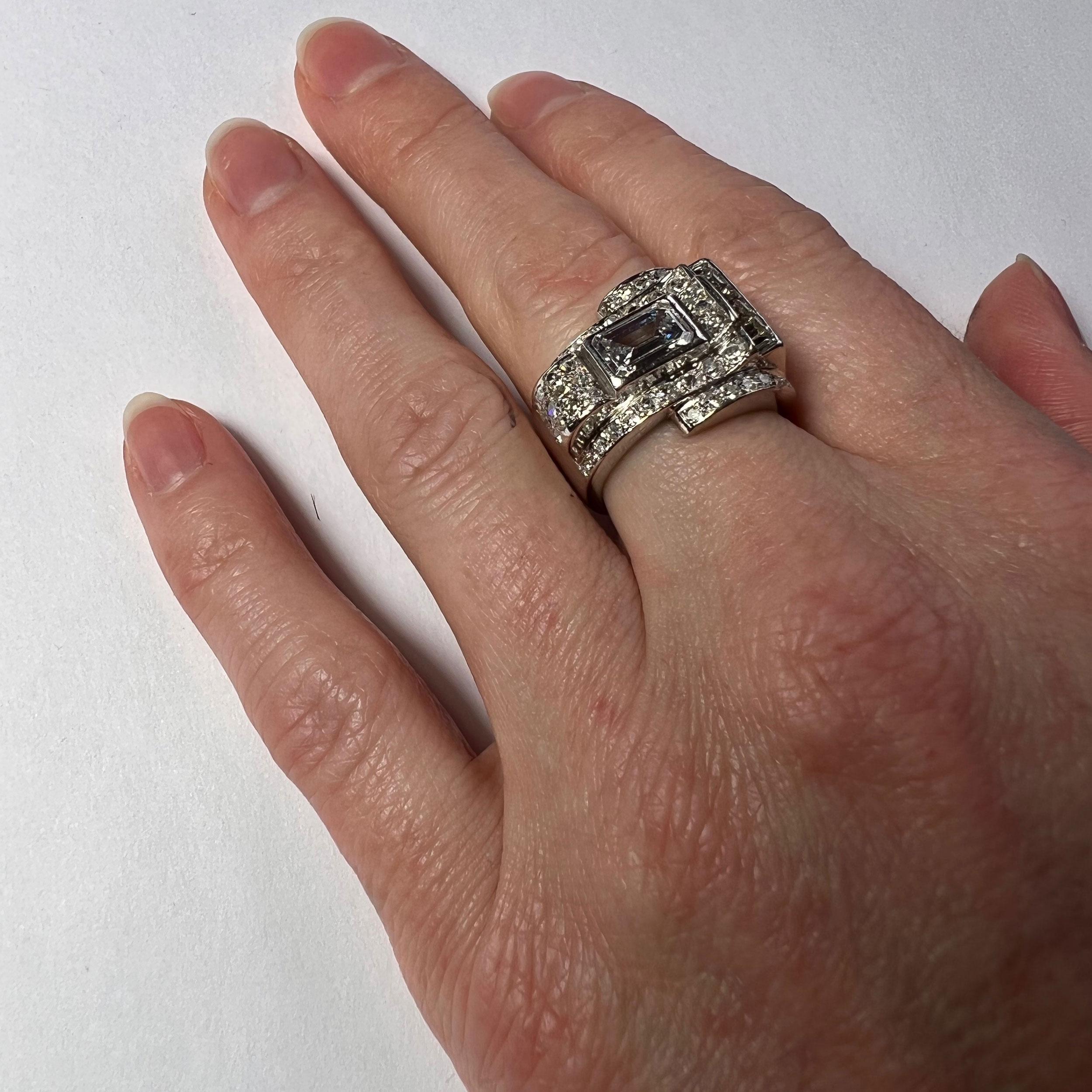 Art Deco Diamond Platinum Tank Ring For Sale 4