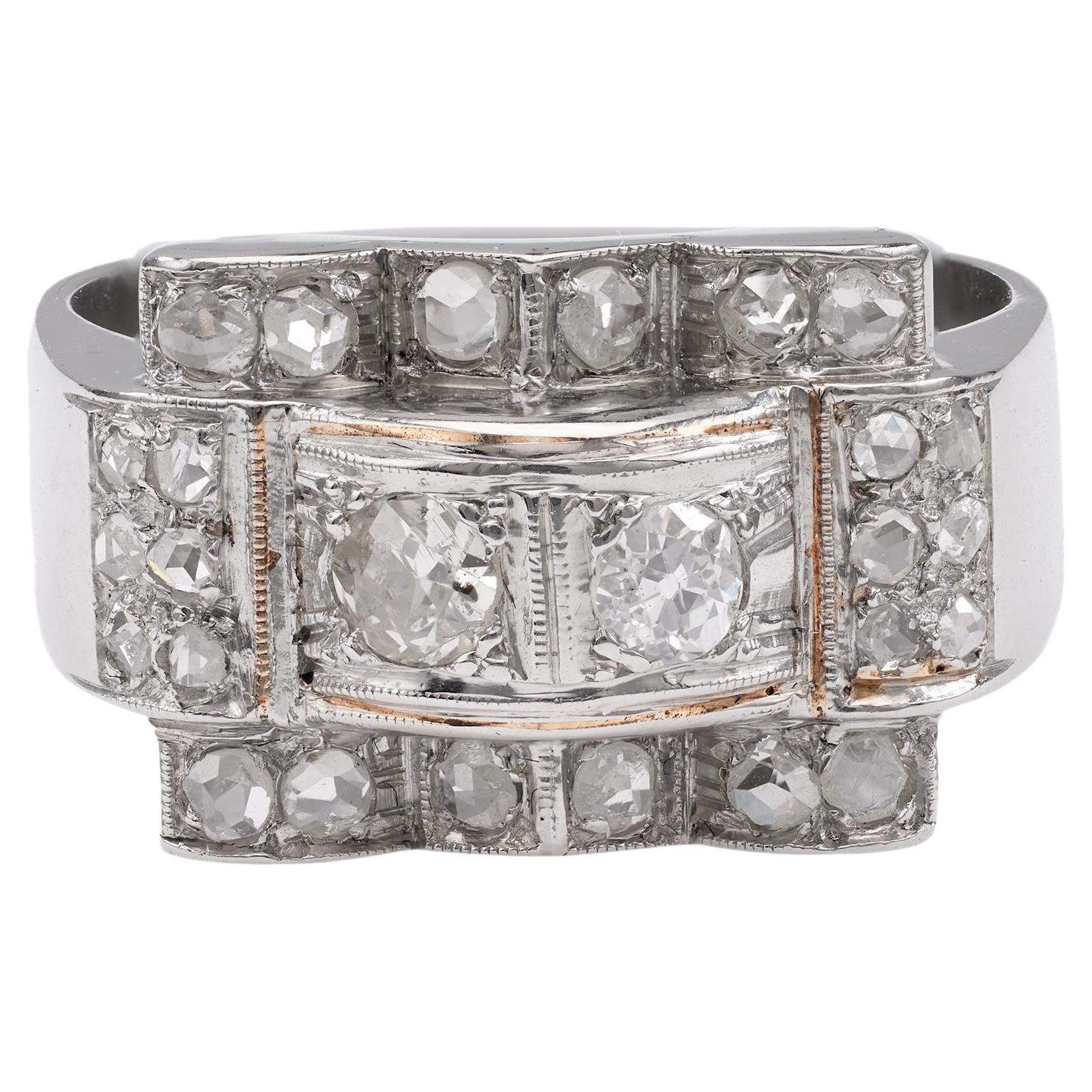 Art Deco Diamond Platinum Tank Ring For Sale