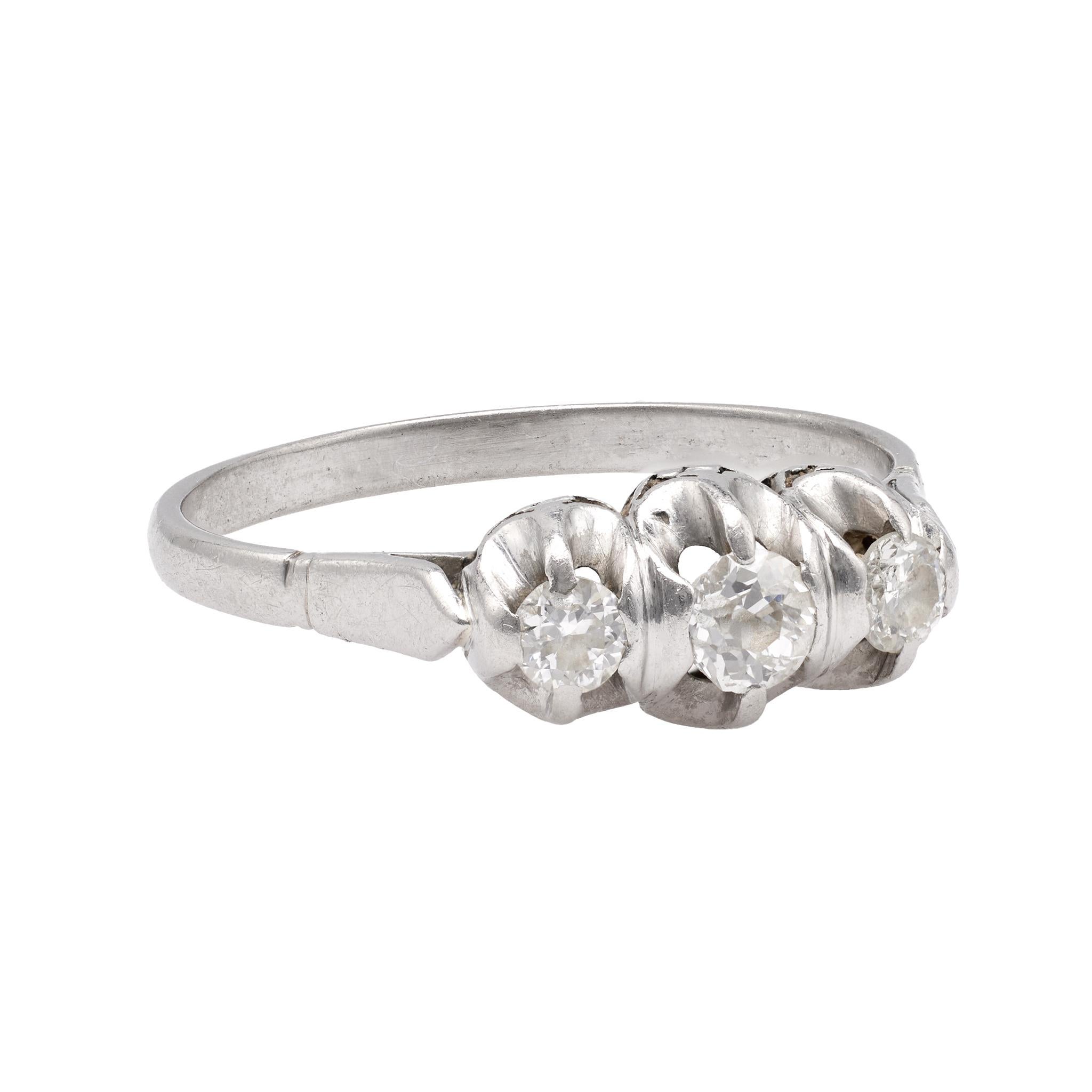 Women's or Men's Art Deco Diamond Platinum Three Stone Ring For Sale