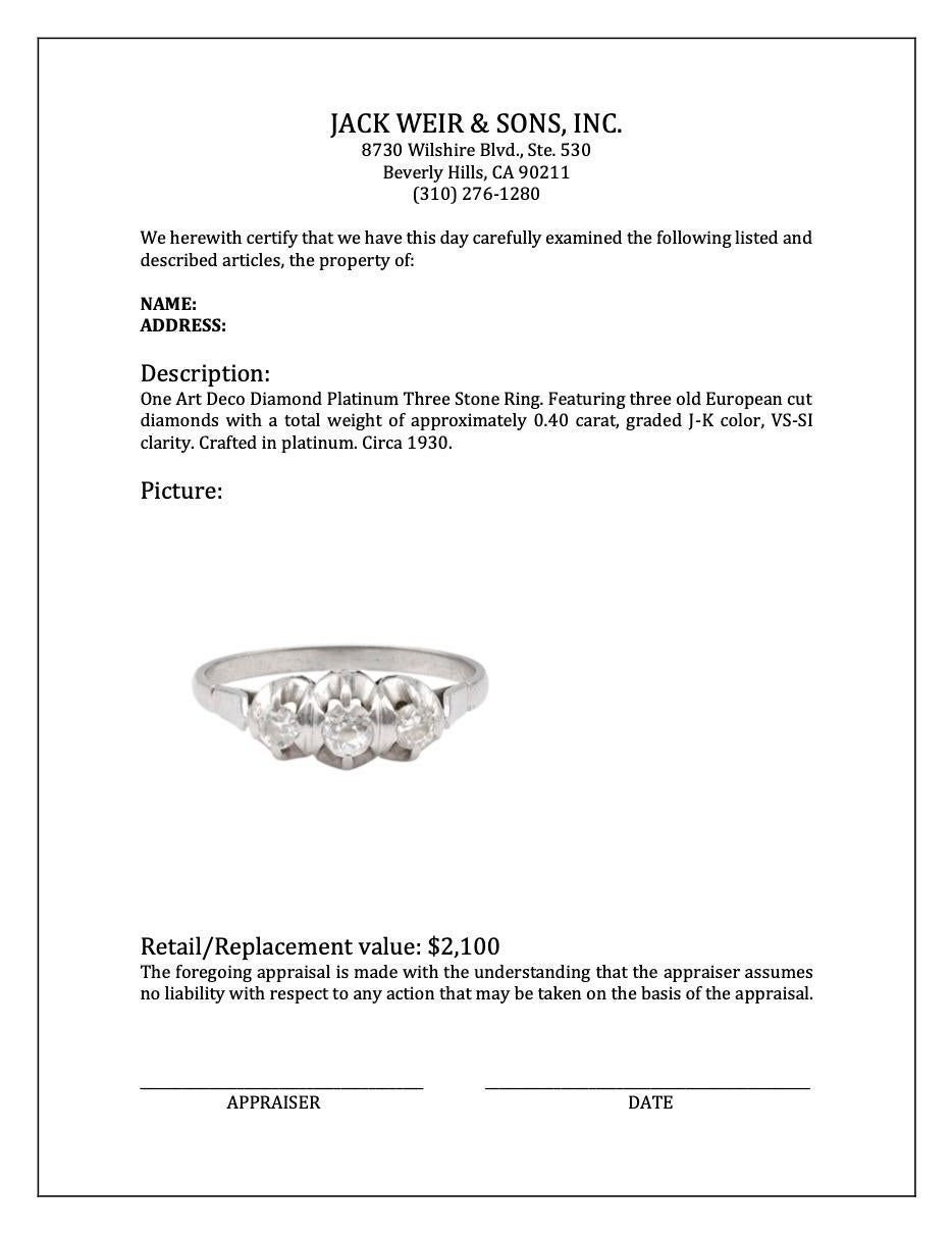 Art Deco Diamond Platinum Three Stone Ring For Sale 1
