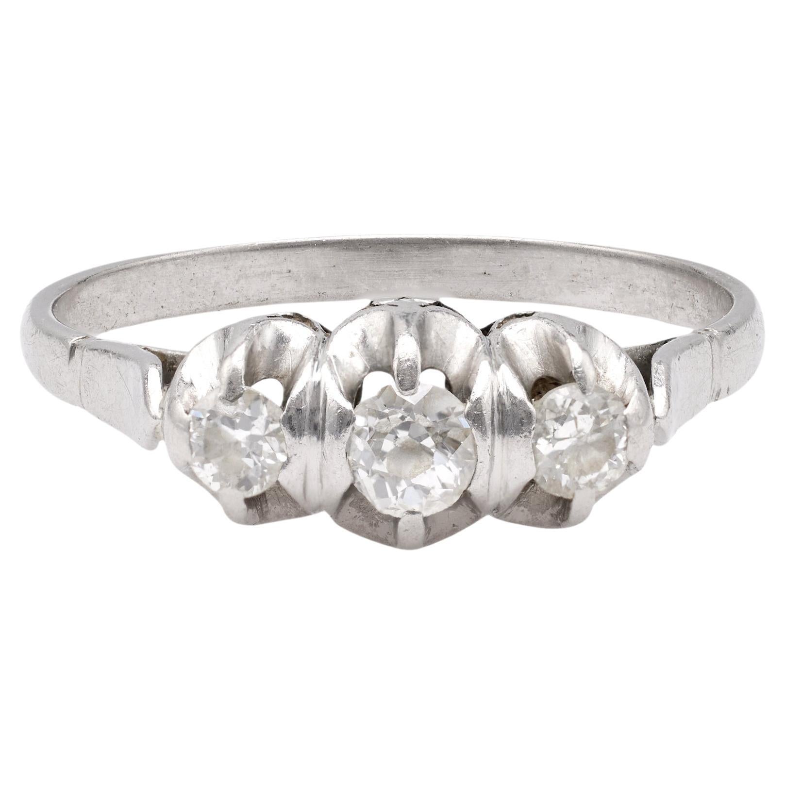 Art Deco Diamond Platinum Three Stone Ring For Sale