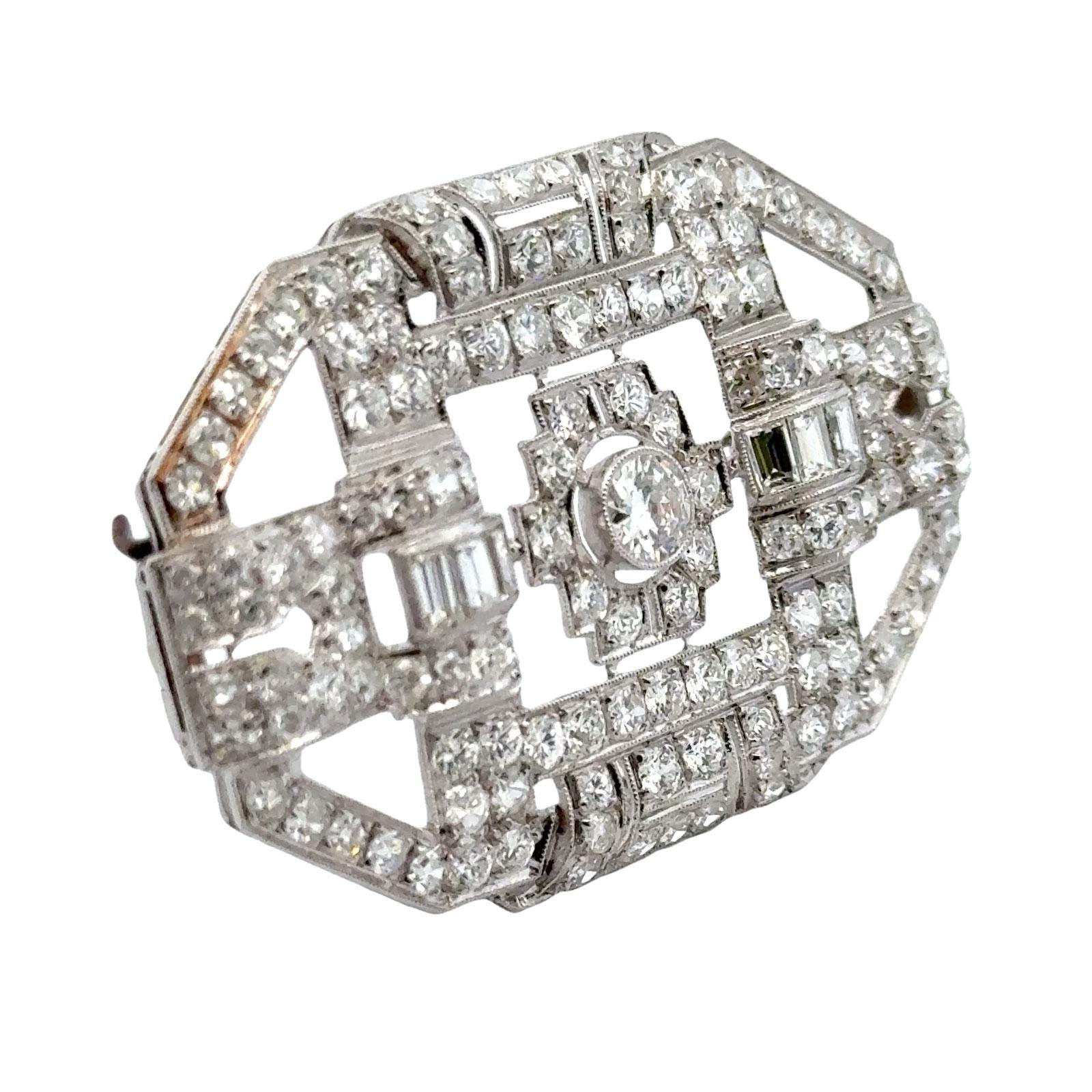 Old European Cut Art Deco Diamond Platinum Vintage Brooch Pin For Sale