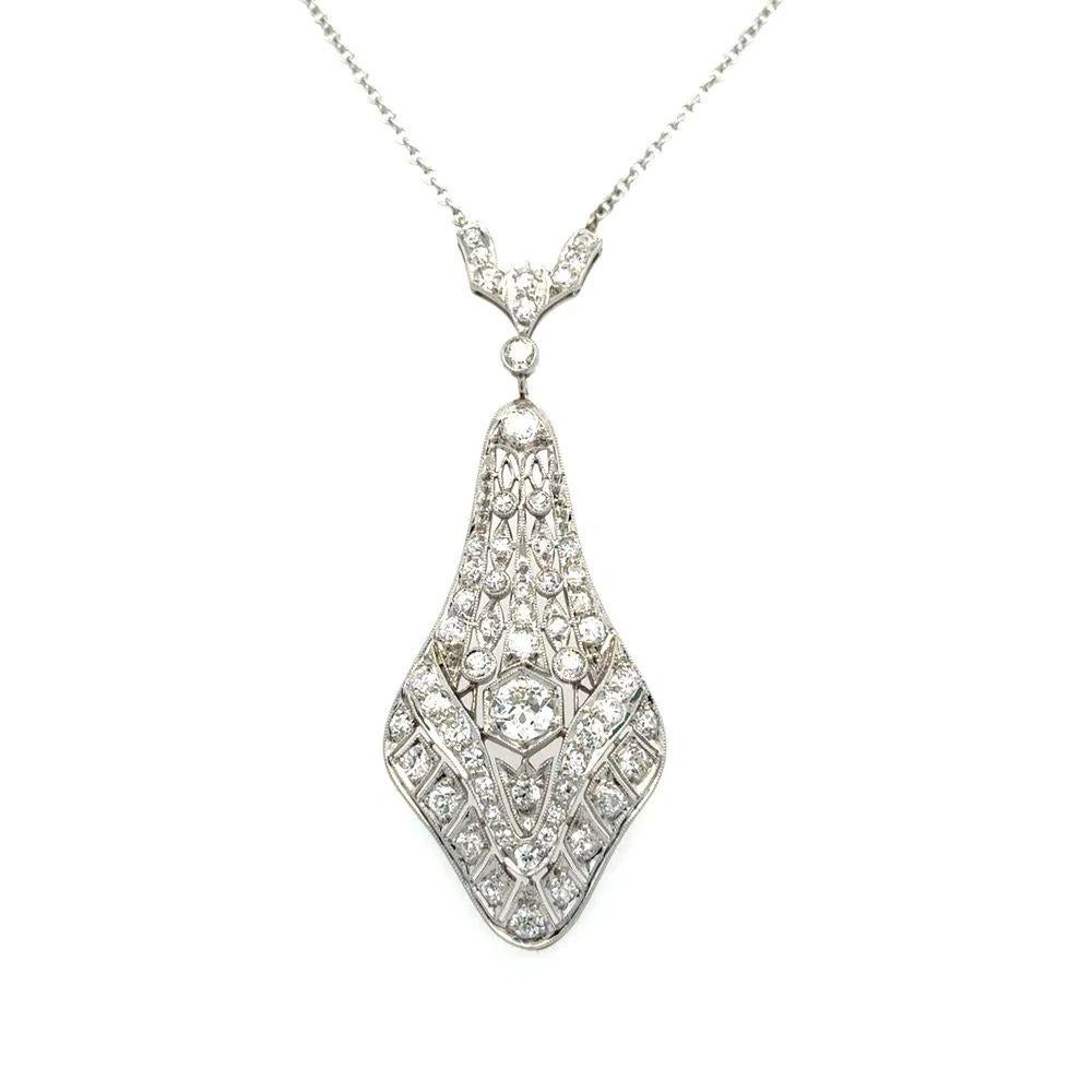 Art Deco Diamant Platin Vintage Statement Drop Anhänger Halskette (Gemischter Schliff) im Angebot