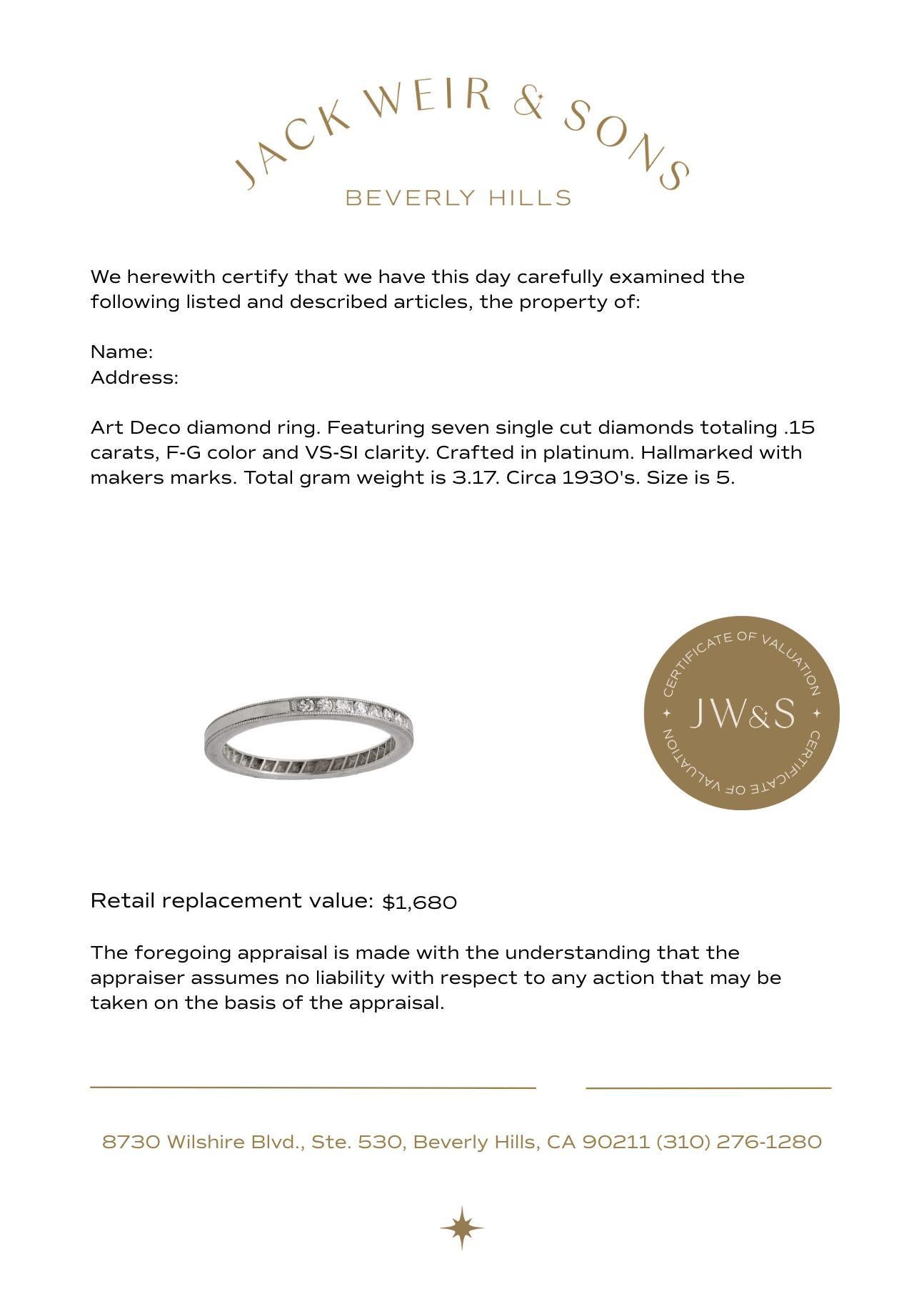 Women's Art Deco diamond platinum wedding band For Sale