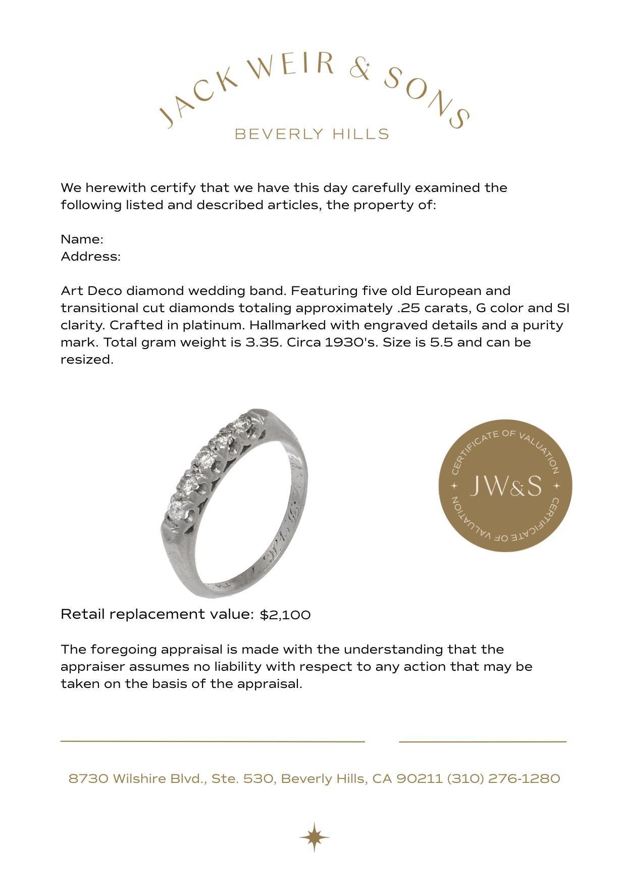 Art Deco diamond platinum wedding band For Sale 1