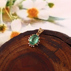 Art deco Diamond Real Oval Emerald solid 18K Gold Pendant starburst pendant