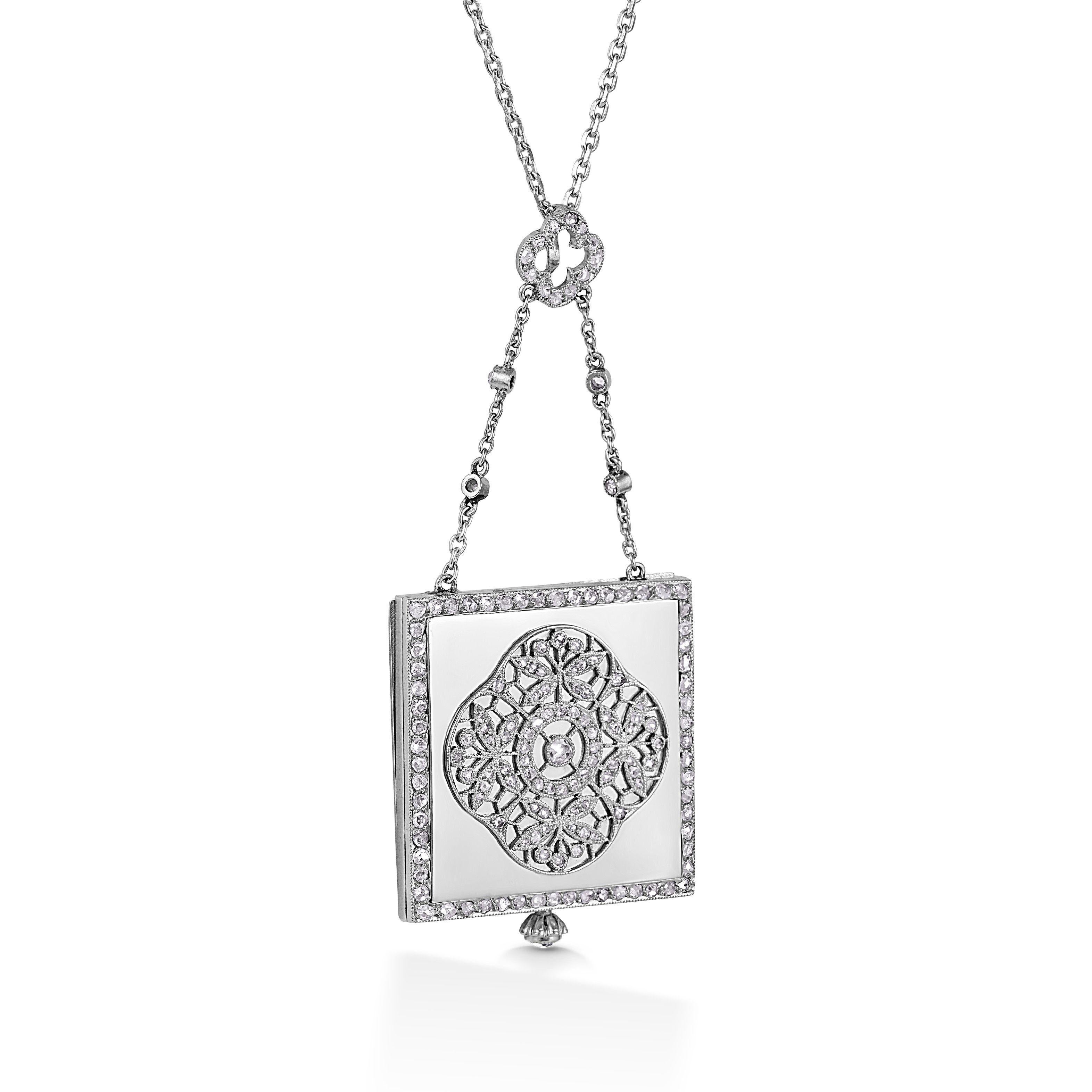 Round Cut Art Deco Diamond Reversible Gold Watch Pendant Necklace Estate Fine Jewelry For Sale