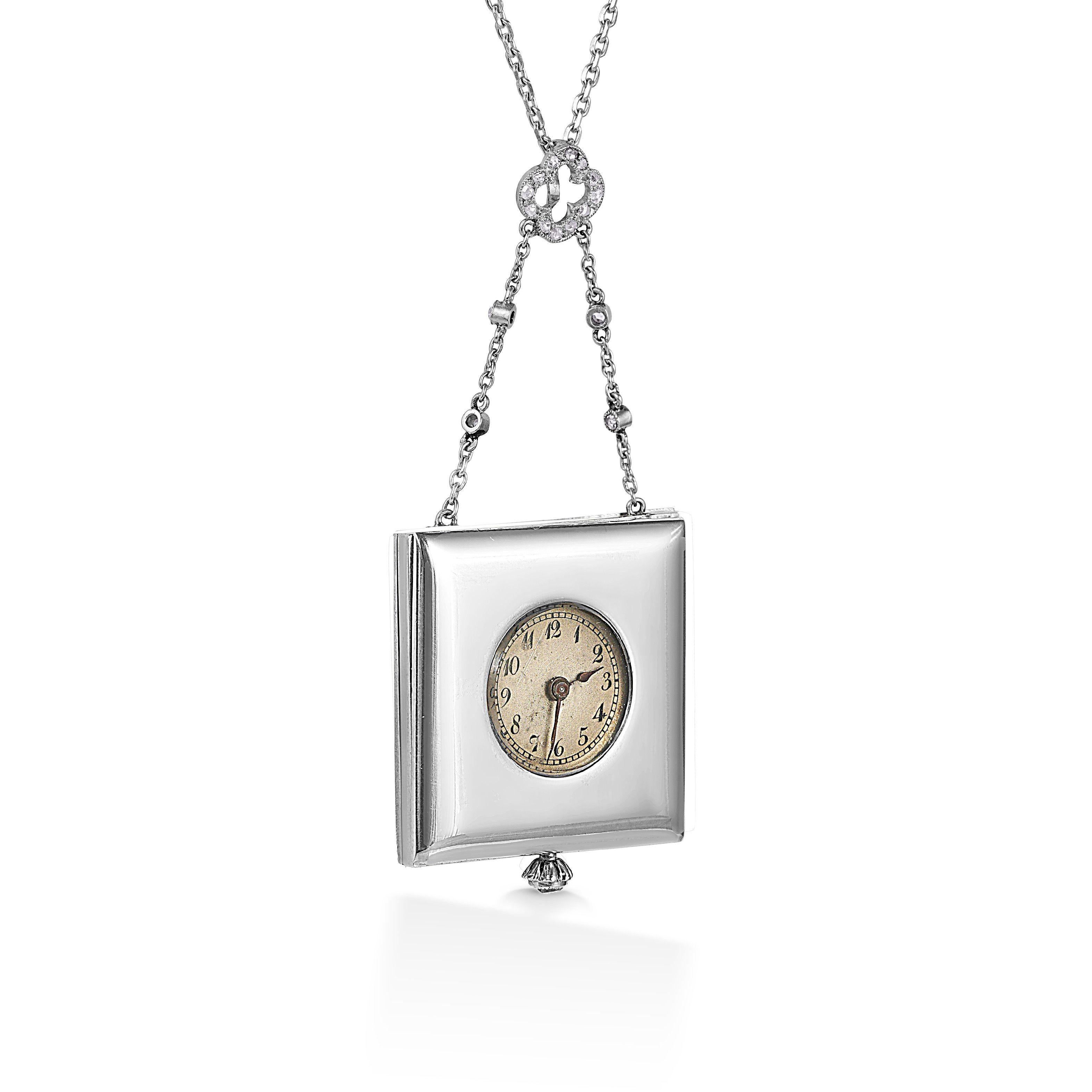 Women's Art Deco Diamond Reversible Gold Watch Pendant Necklace Estate Fine Jewelry For Sale