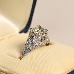 Art Deco Diamond Ring. 1.20ct Old Euro Diamond Sapphire Accent Engagement Ring