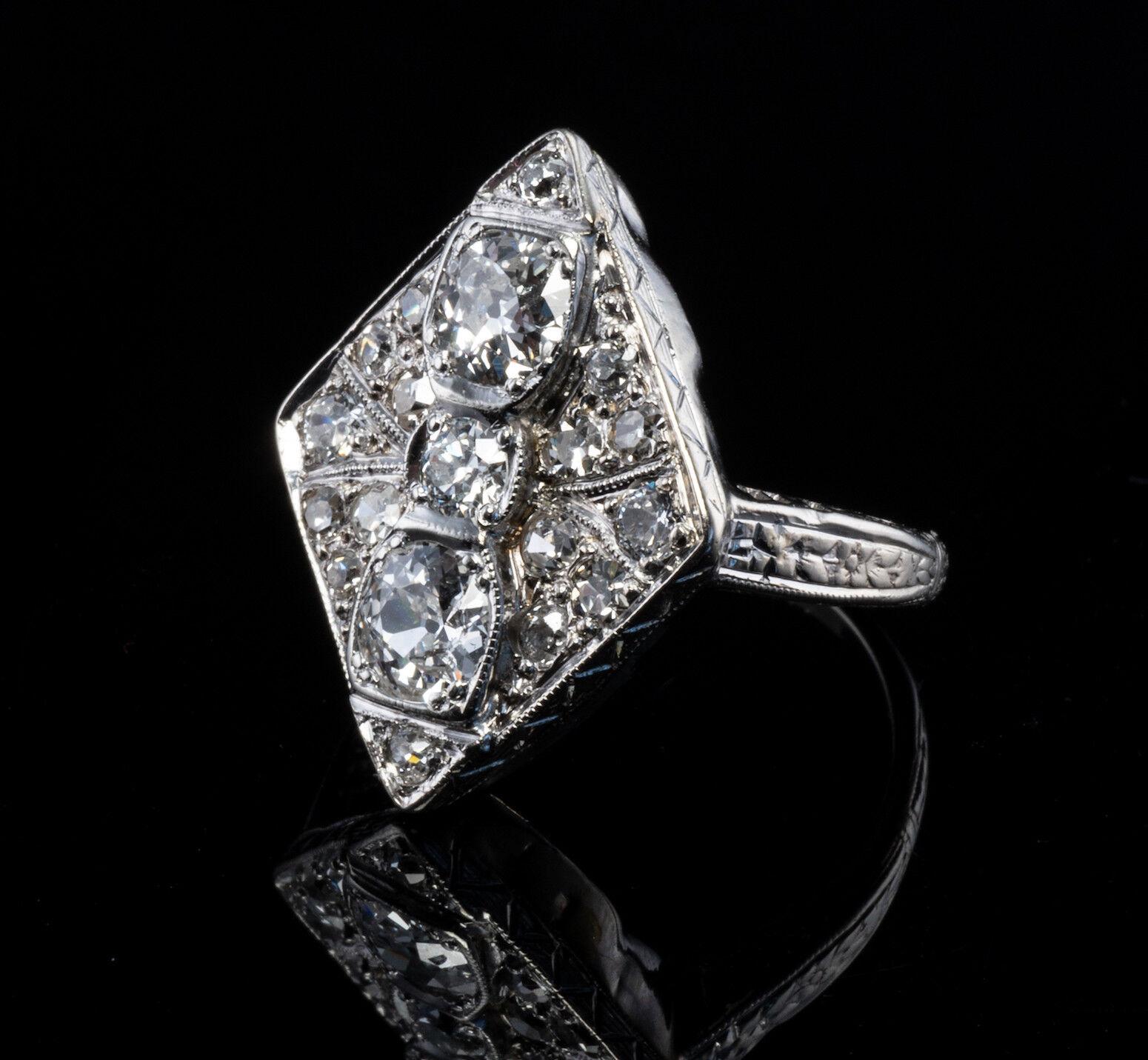 Women's Art Deco Diamond Ring 14K Gold Geometric Vintage 1.58 TDW For Sale