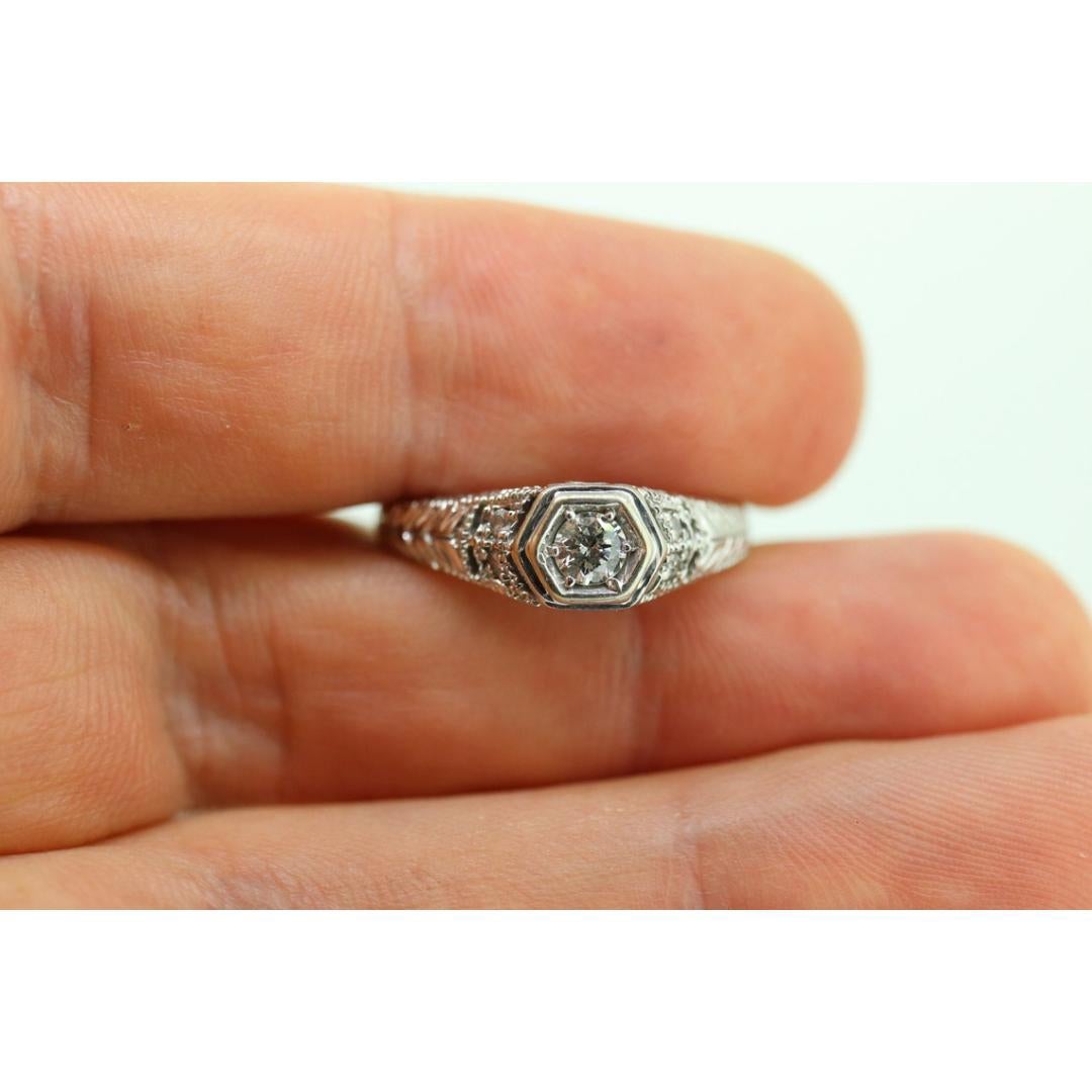 Art Deco Diamond ring. 14k white gold with engravings. Made by Royal Jewelry RJM For Sale 6