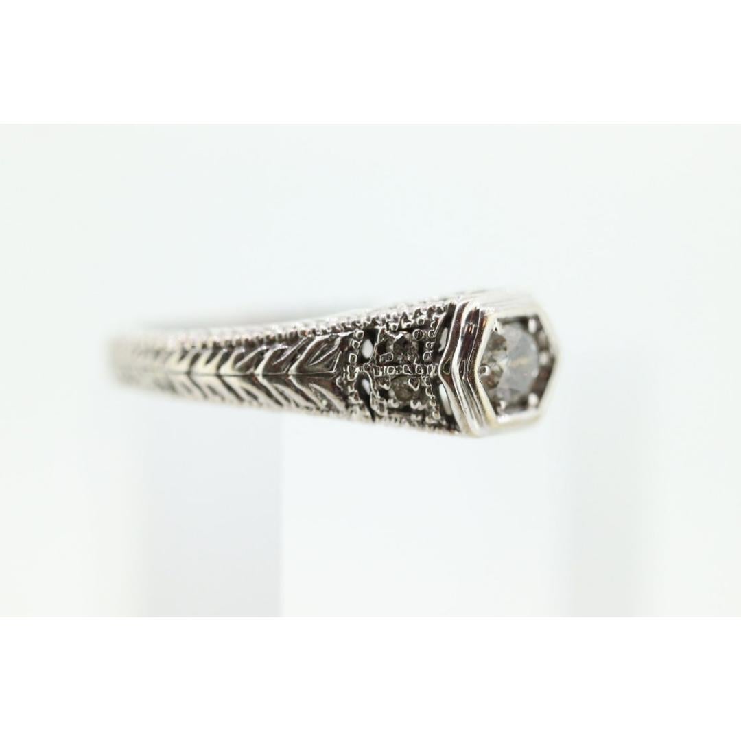 Art Deco Diamond ring. 14k white gold with engravings. Made by Royal Jewelry RJM In Good Condition For Sale In Port Charlotte, FL