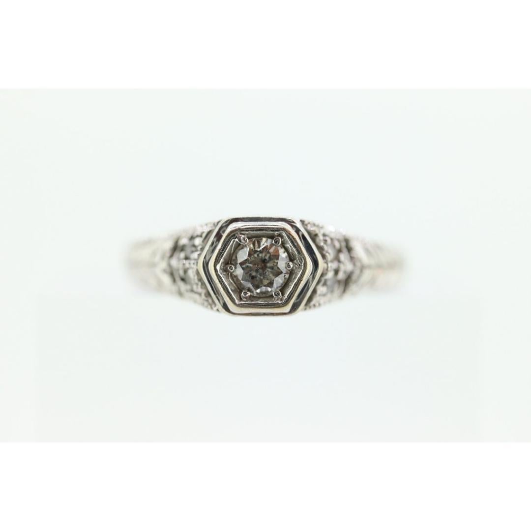 Art Deco Diamond ring. 14k white gold with engravings. Made by Royal Jewelry RJM For Sale 3
