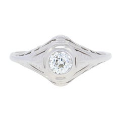 Antique Art Deco Diamond Ring, 18 Karat White Gold Solitaire Filigree .33 Carat
