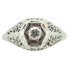 Art Deco Diamond ring. 18k White Gold Filigree Engagement Ring.