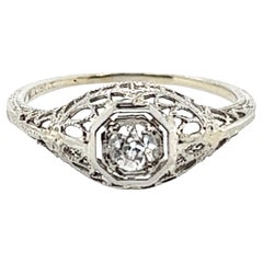 Anello Art Deco con diamante da 0,20 carati Vecchio Euro Antico Filigrana Originale 1920 18k