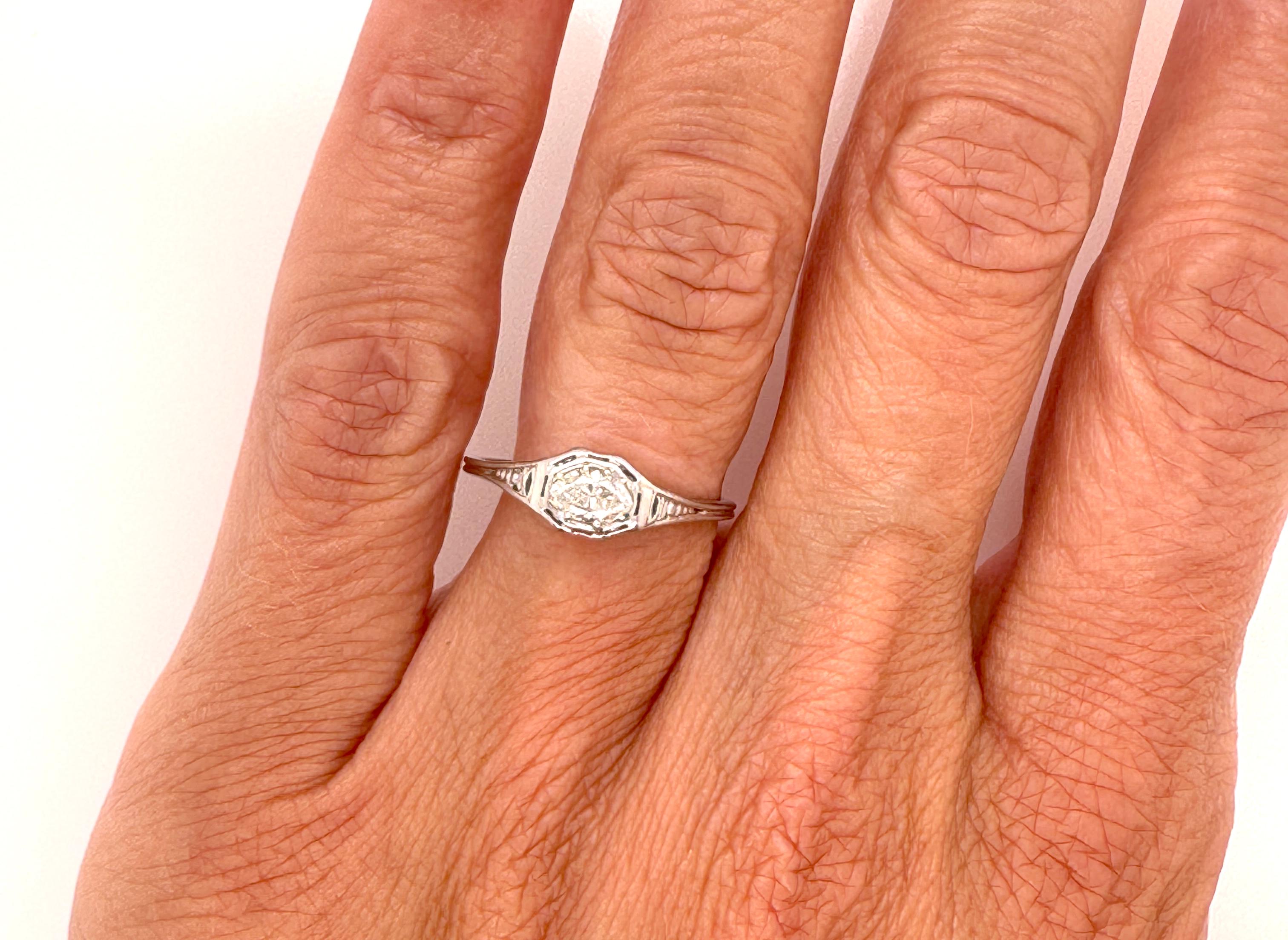 Art Deco Diamond Ring .27ct Marquise Mined Solitaire Platinum Original 1930's 3