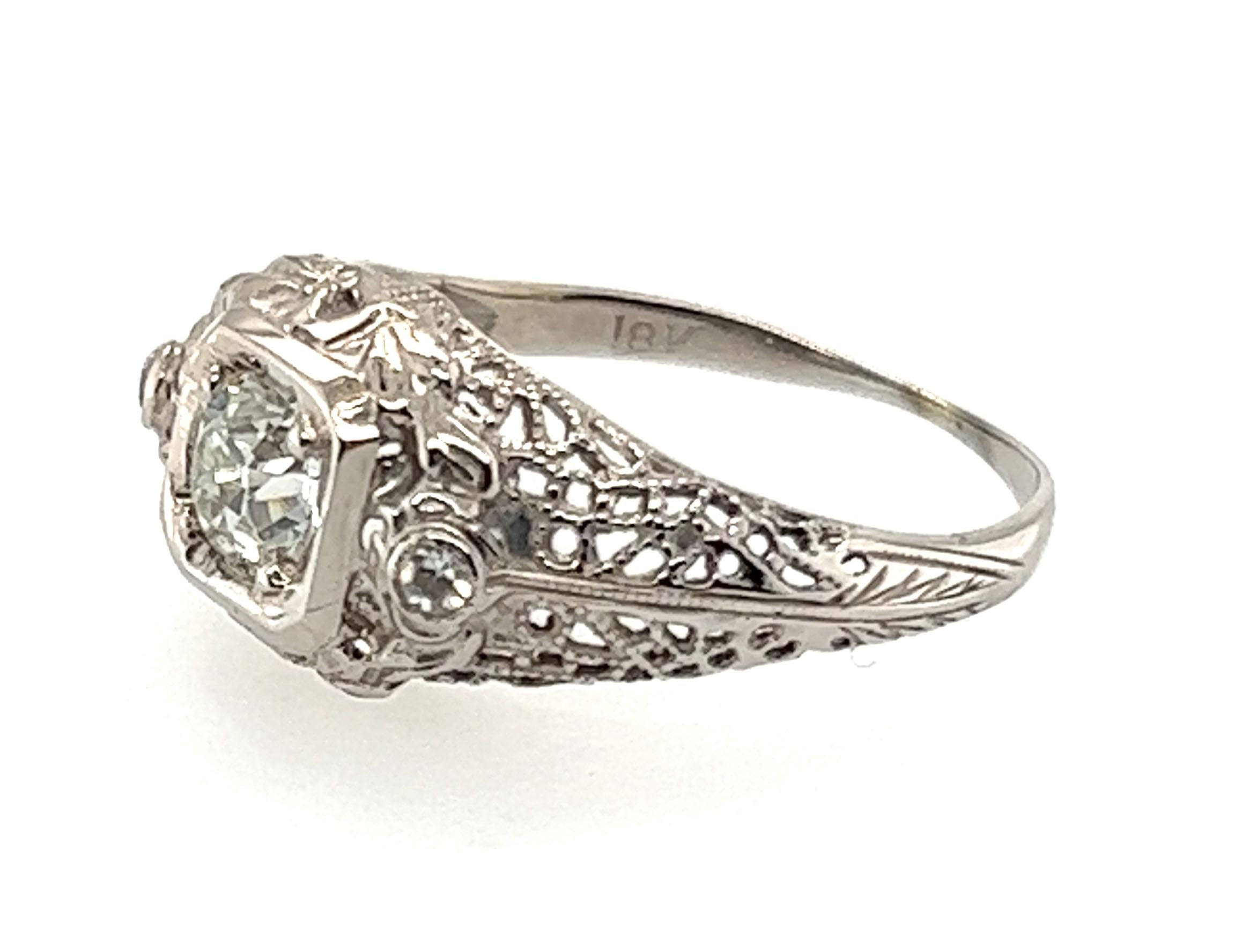 Art Deco Diamond Ring .46ct G/SI1 EGL Old Mine Cushion Original 1920's 18K In Good Condition For Sale In Dearborn, MI