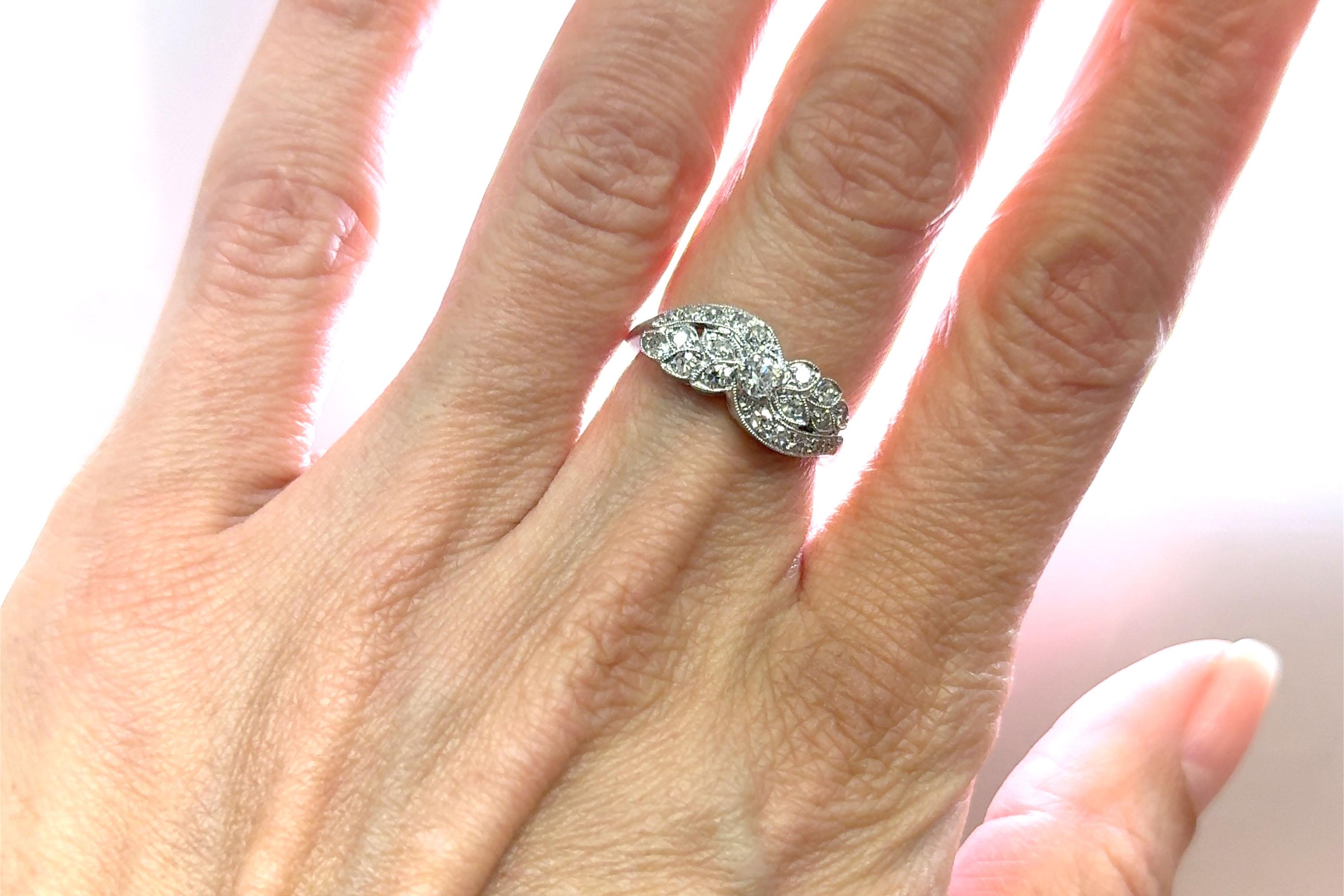 Women's Art Deco Diamond Ring .75ct OEC/Single Cuts Vine Motif Original 1930's Platinum For Sale