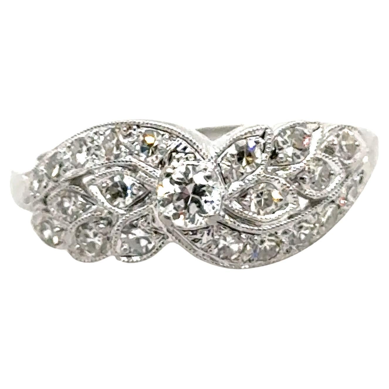 Art Deco Diamond Ring .75ct OEC/Single Cuts Vine Motif Original 1930's Platinum