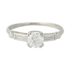 Art Deco Diamond Ring, 900 Platinum Vintage GIA Old European .66 Carat