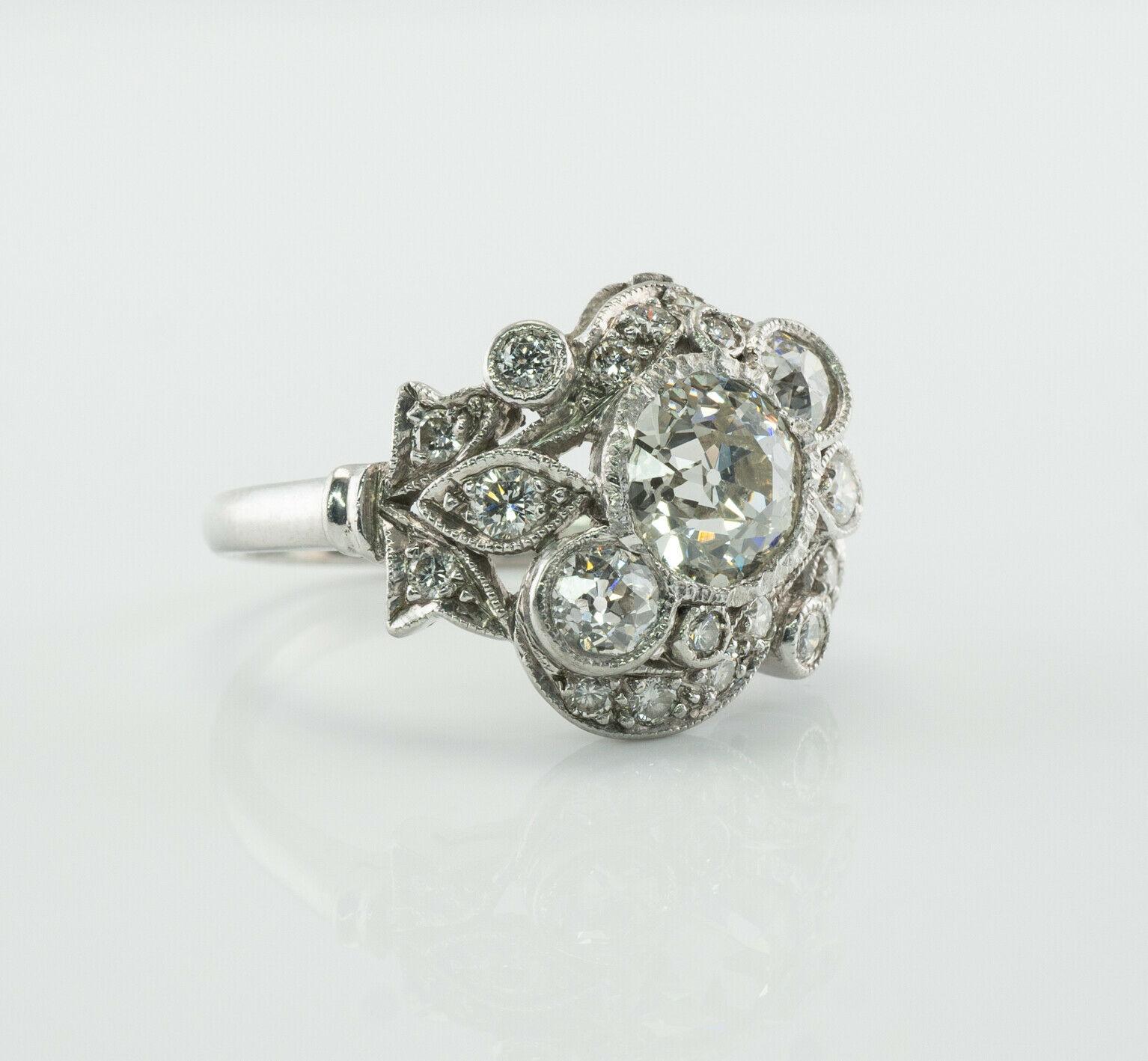 Old Mine Cut Art Deco Diamond Ring Flower Vintage Platinum 2.00 TDW Engagement For Sale
