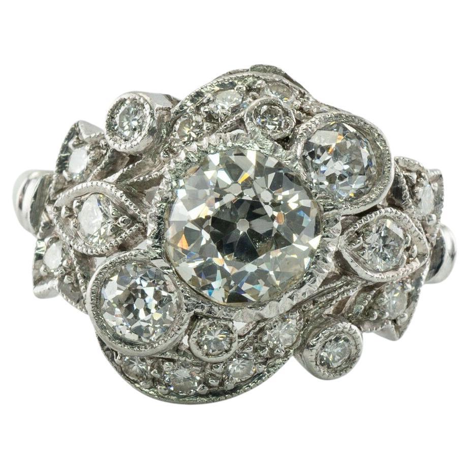 Art Deco Diamant-Ring Blume Vintage Platin 2,00 TDW Verlobungsring, Art déco