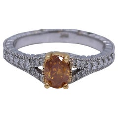 Art Deco .90 Carat TW Oval Diamond Ring Intense Orangey Brown 14K White Gold