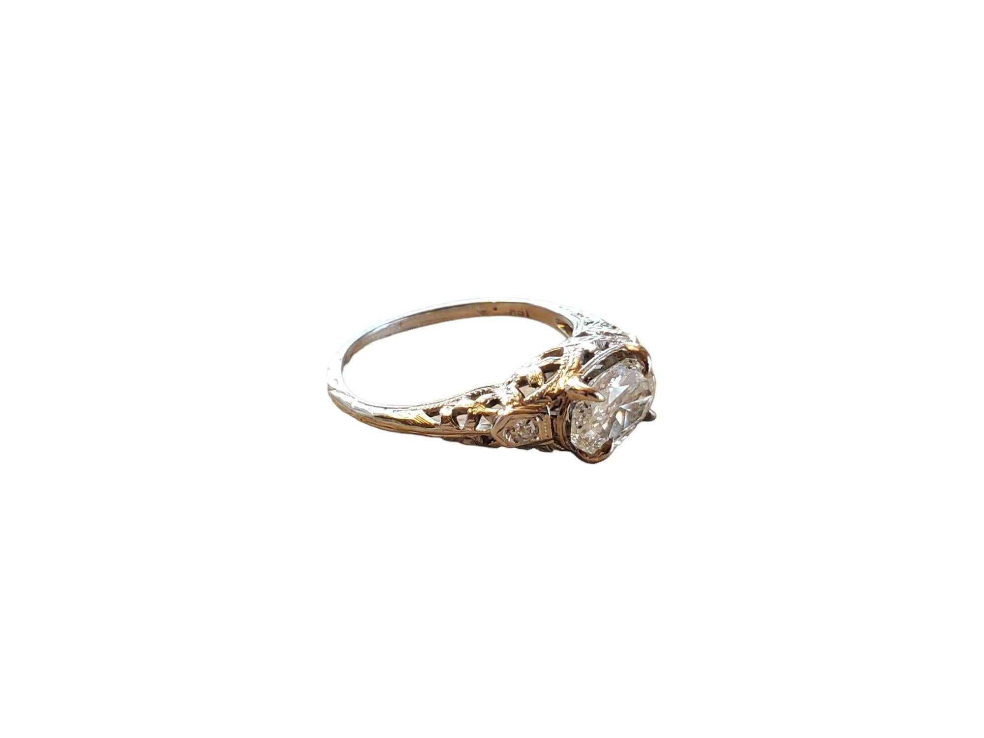 Oval Cut Art Deco Diamond Ring Oval Diamond .90ct K VS 18k White Gold Vintage Ring For Sale