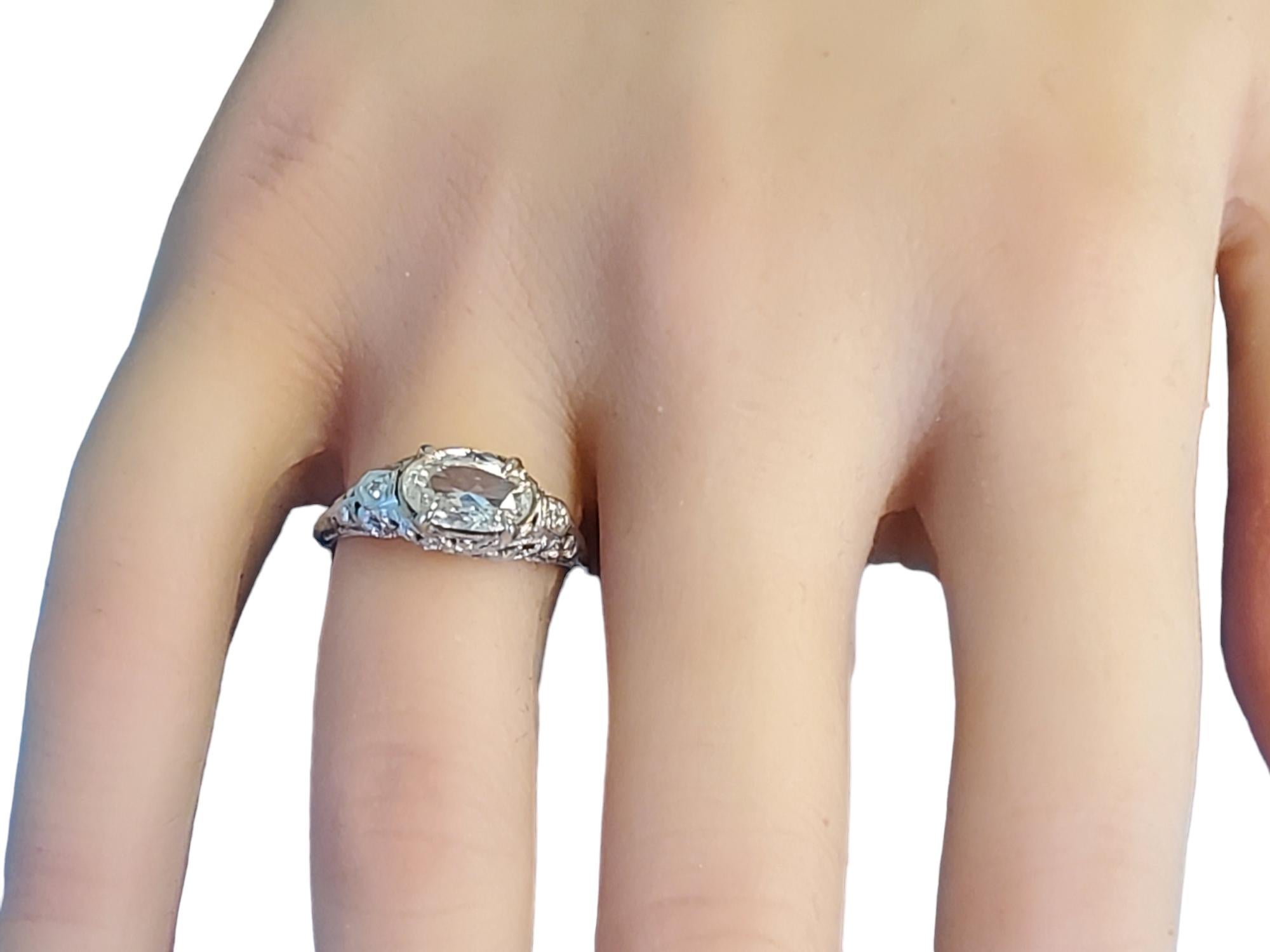 Women's Art Deco Diamond Ring Oval Diamond .90ct K VS 18k White Gold Vintage Ring For Sale