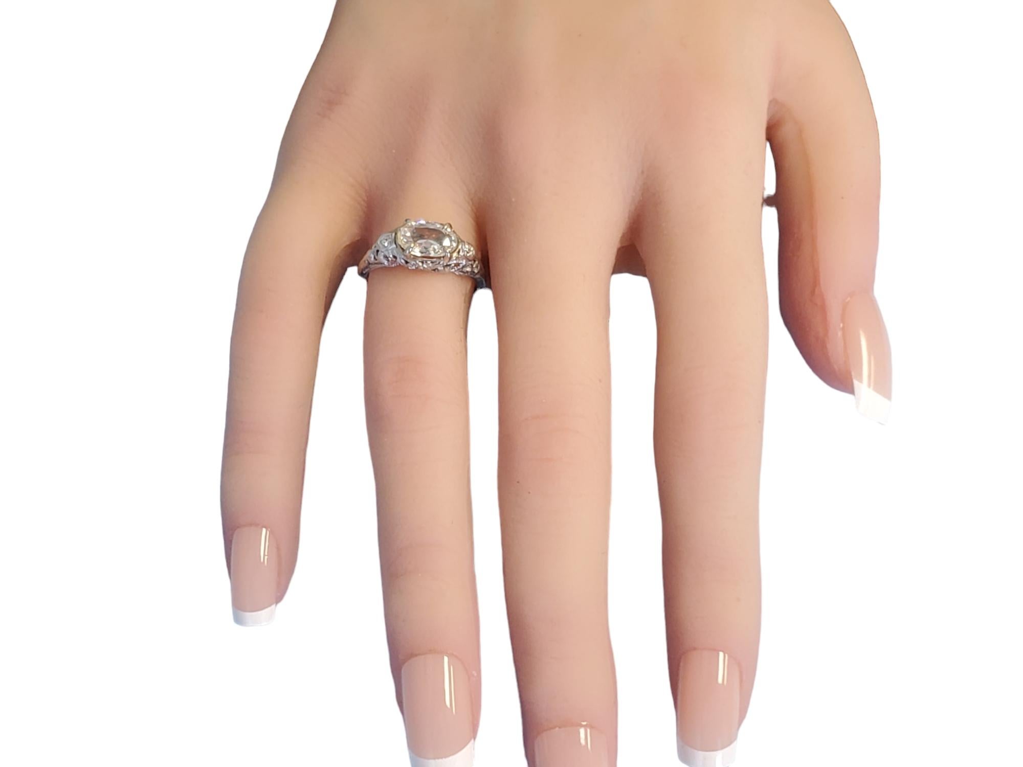 Art Deco Diamond Ring Oval Diamond .90ct K VS 18k White Gold Vintage Ring For Sale 1