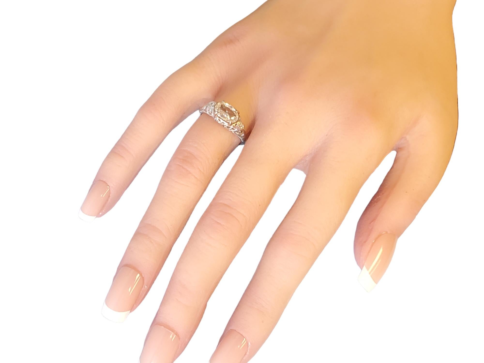 Art Deco Diamond Ring Oval Diamond .90ct K VS 18k White Gold Vintage Ring For Sale 2