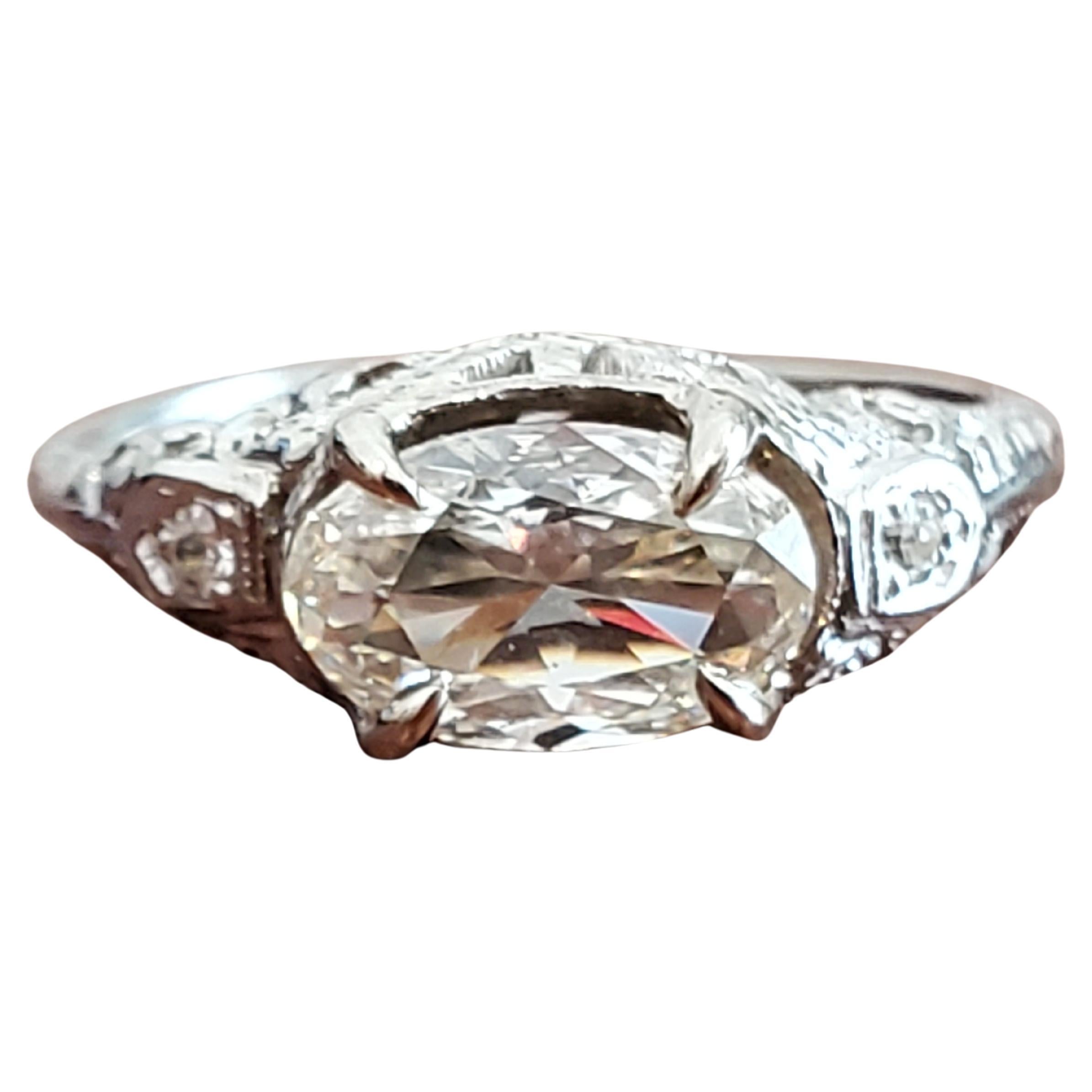 Art Deco Diamond Ring Oval Diamond .90ct K VS 18k White Gold Vintage Ring For Sale