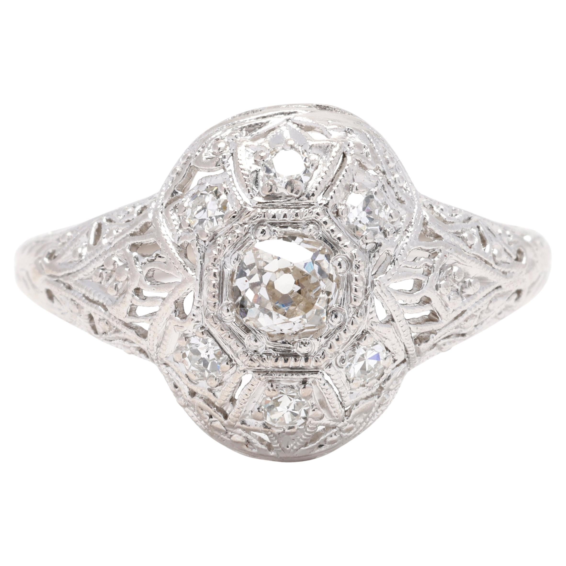 Art Deco Diamond Ring, Platinum and 18k White Gold, Ring Size 6