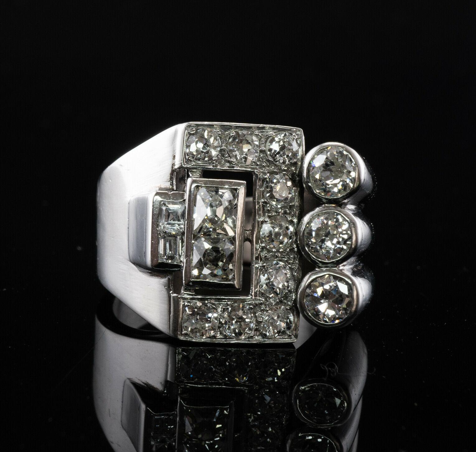 Round Cut Art Deco Diamond Ring Platinum Vintage Geometric 2.50 TDW For Sale