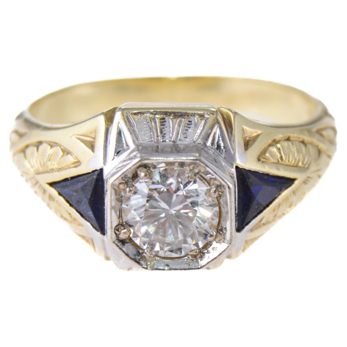 STYLE / REFERENCE: Art Deco Ring
METAL / MATERIAL: 14Kt. Solid Gold 
CIRCA / YEAR: 1930's
CENTER STONE / WEIGHT: .7 Cts.
SIZE:  6.25

LIFETIME SERVICE COMMITMENT

This ladies Classic Art Deco Diamond ring in 14K yellow and white gold is entirely